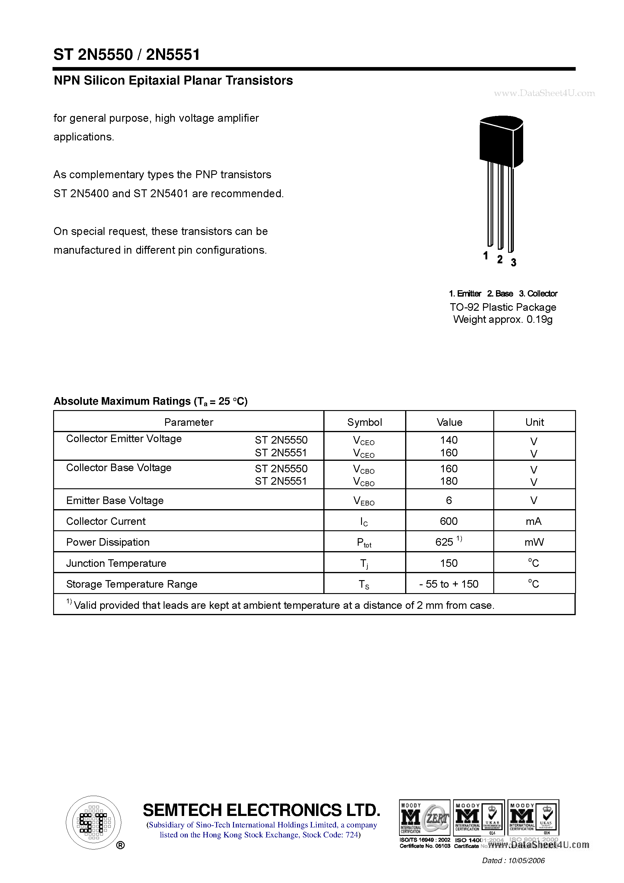 Datasheet ST2N5550 page 1 Datasheet ST2N5550 - NPN Silicon Epitaxial Planar Transistor page 1