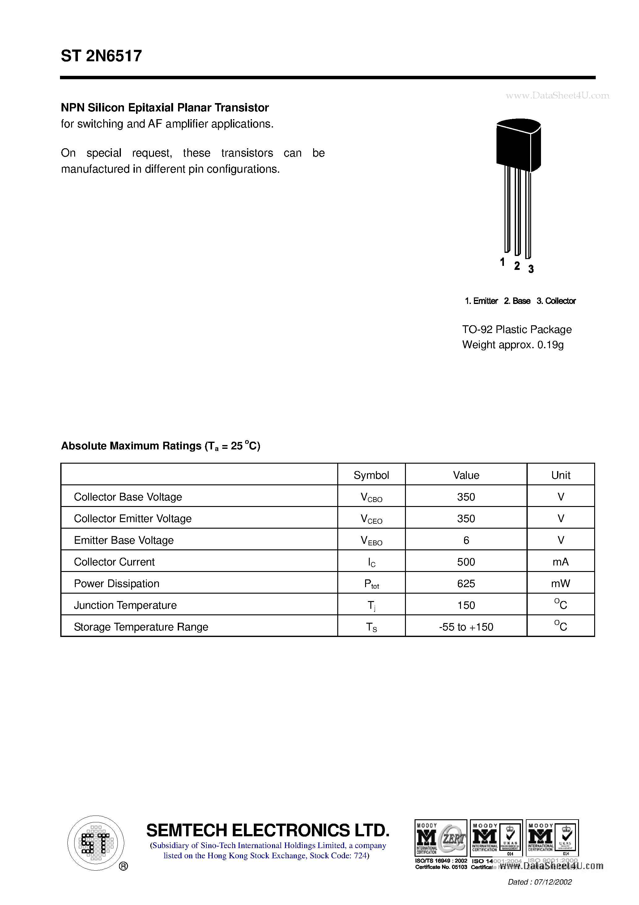Datasheet ST2N6517 page 1 Datasheet ST2N6517 - NPN Silicon Epitaxial Planar Transistor page 1