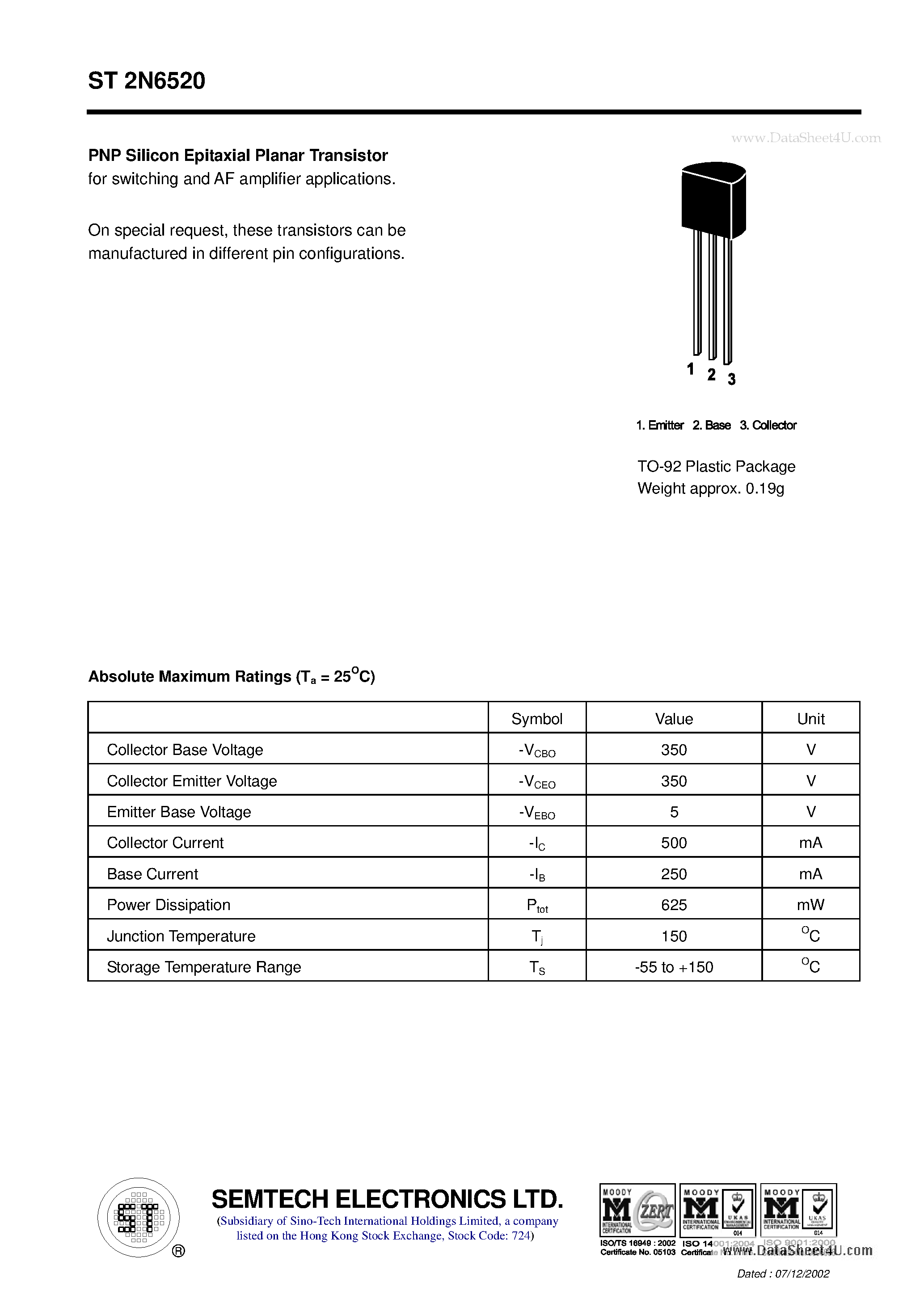 Datasheet ST2N6520 page 1 Datasheet ST2N6520 - PNP Silicon Epitaxial Planar Transistor page 1