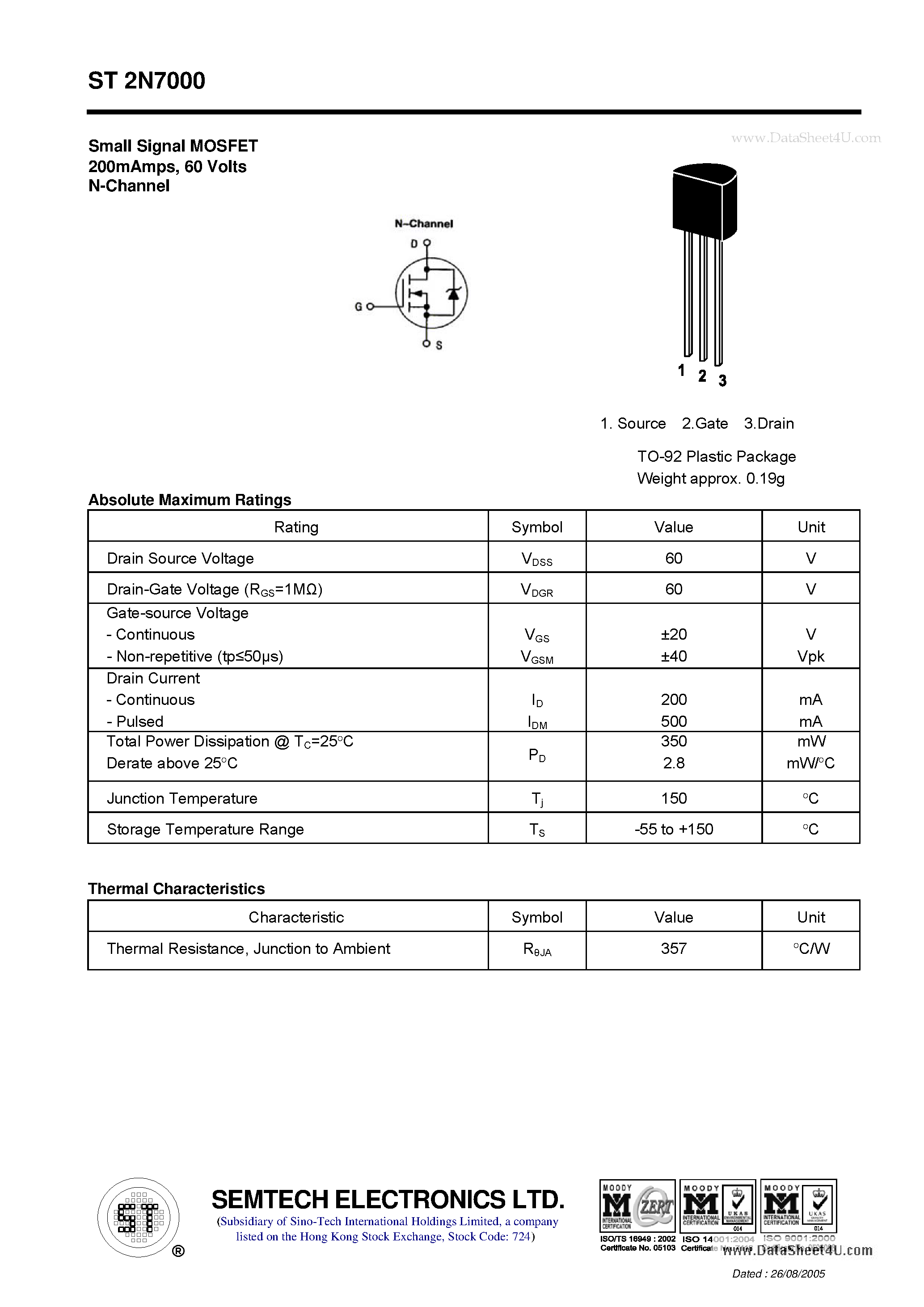 Datasheet ST2N7000 page 1 Datasheet ST2N7000 - Small Signal MOSFET page 1