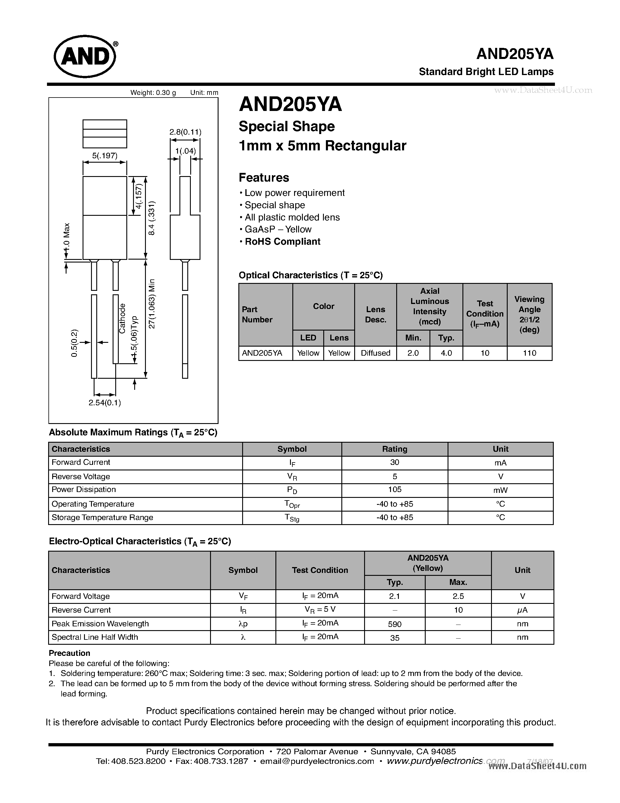 Даташит на микросхему AND205YA страница 1 Даташит AND205YA - Standard Bright LED Lamps страница 1