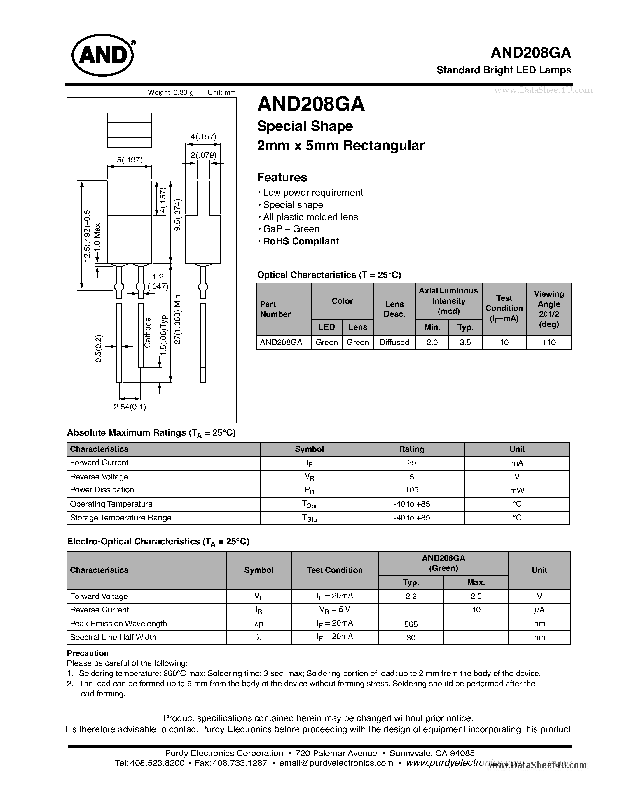 Даташит на микросхему AND208GA страница 1 Даташит AND208GA - Standard Bright LED Lamps страница 1