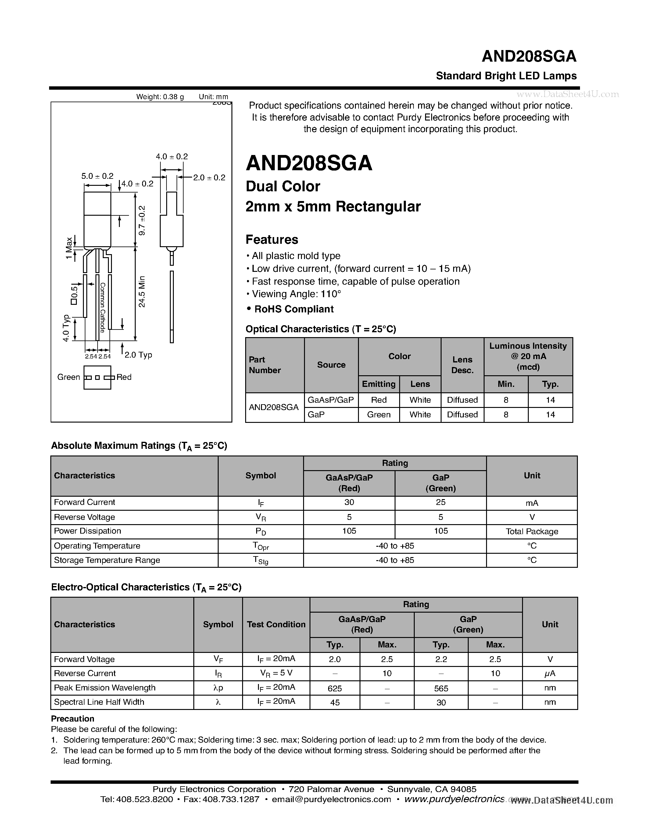 Даташит AND208SGA - Standard Bright LED Lamps страница 1