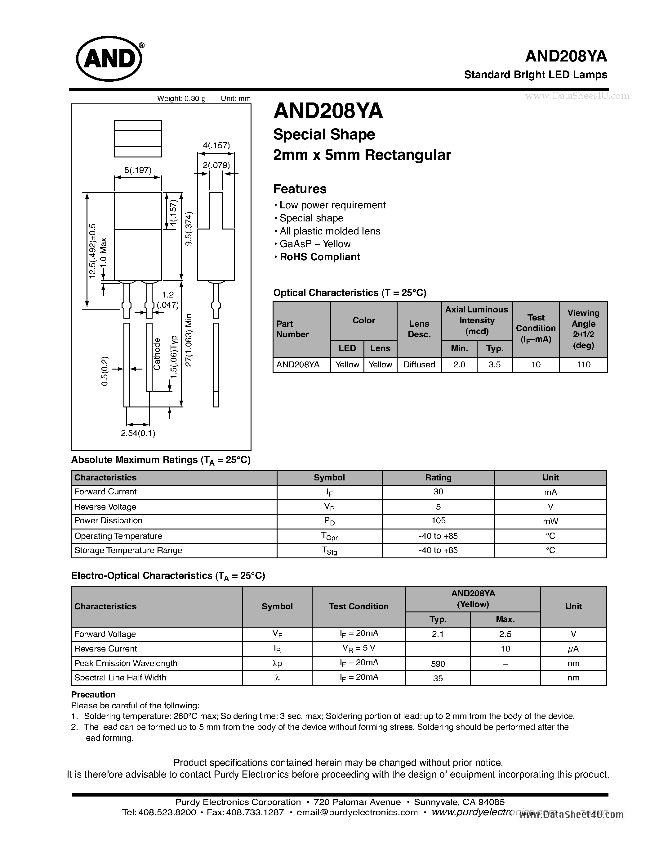 Даташит на микросхему AND208YA страница 1 Даташит AND208YA - Standard Bright LED Lamps страница 1