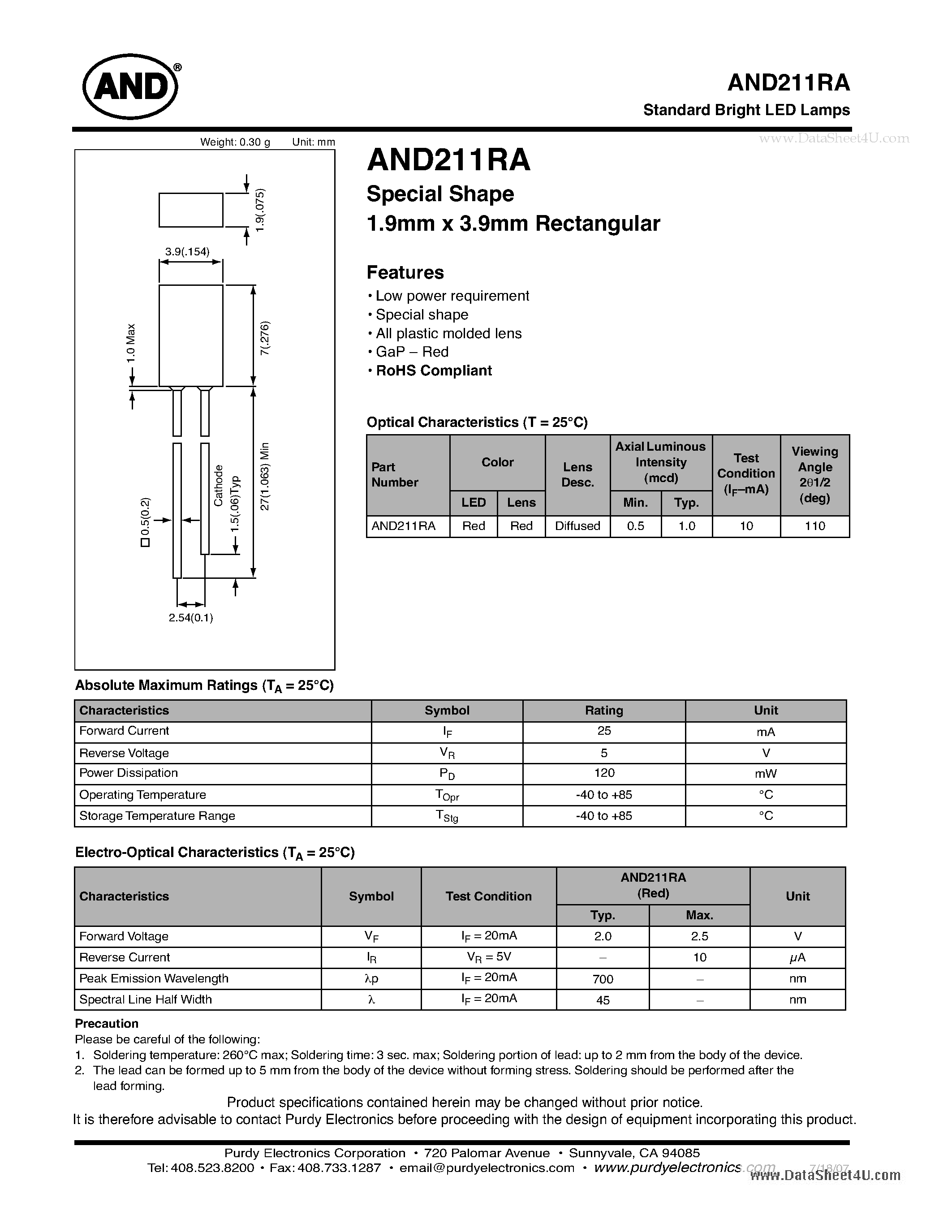 Даташит AND211RA - Standard Bright LED Lamps страница 1