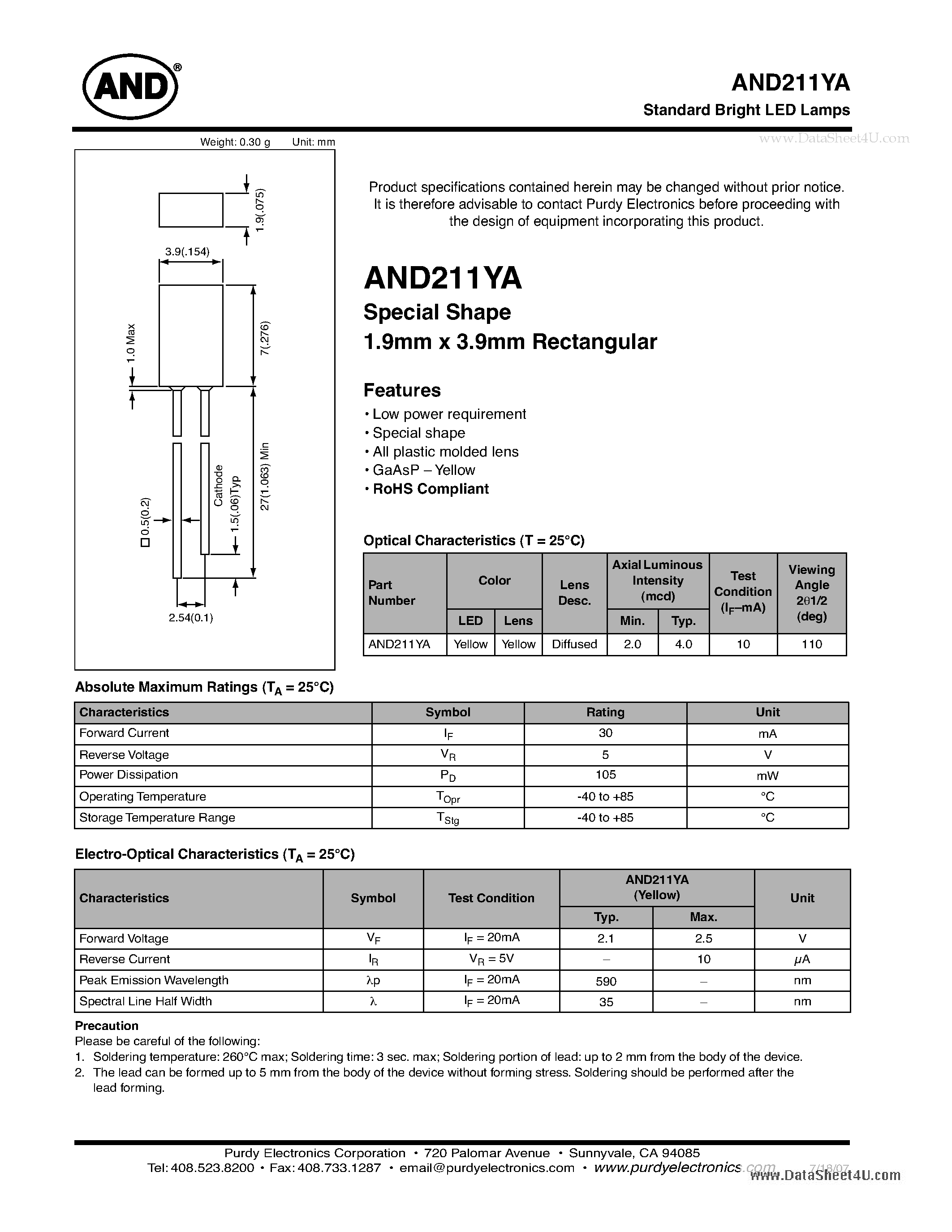 Даташит на микросхему AND211YA страница 1 Даташит AND211YA - Standard Bright LED Lamps страница 1