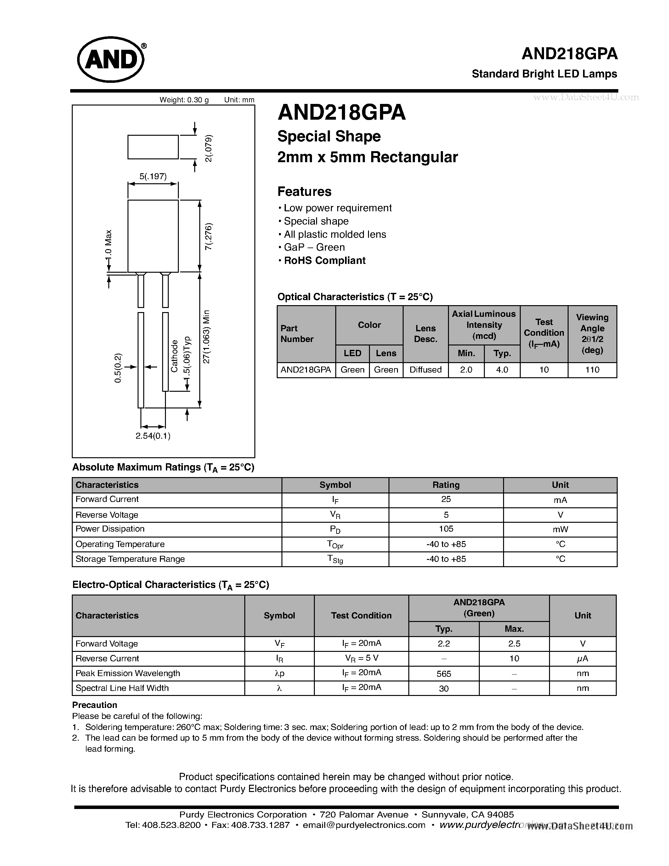 Даташит на микросхему AND218GPA страница 1 Даташит AND218GPA - Standard Bright LED Lamps страница 1