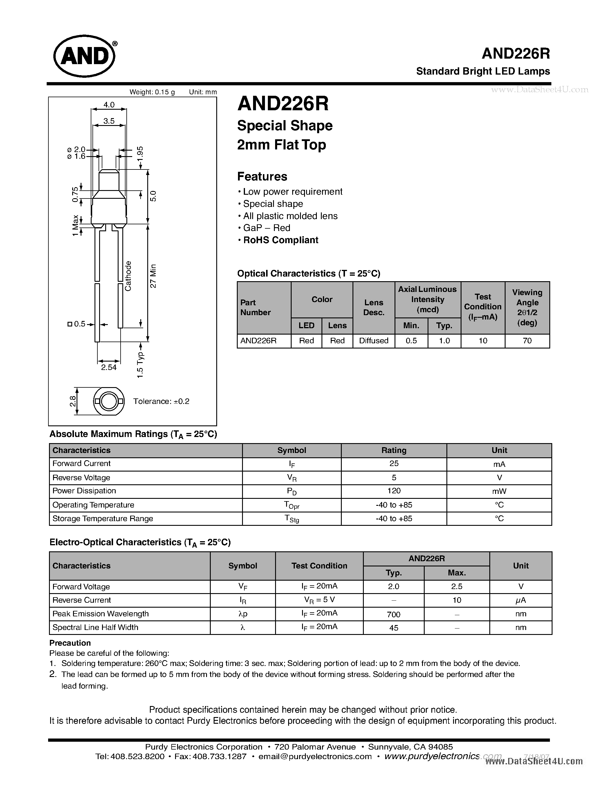 Даташит на микросхему AND226R страница 1 Даташит AND226R - Standard Bright LED Lamps страница 1