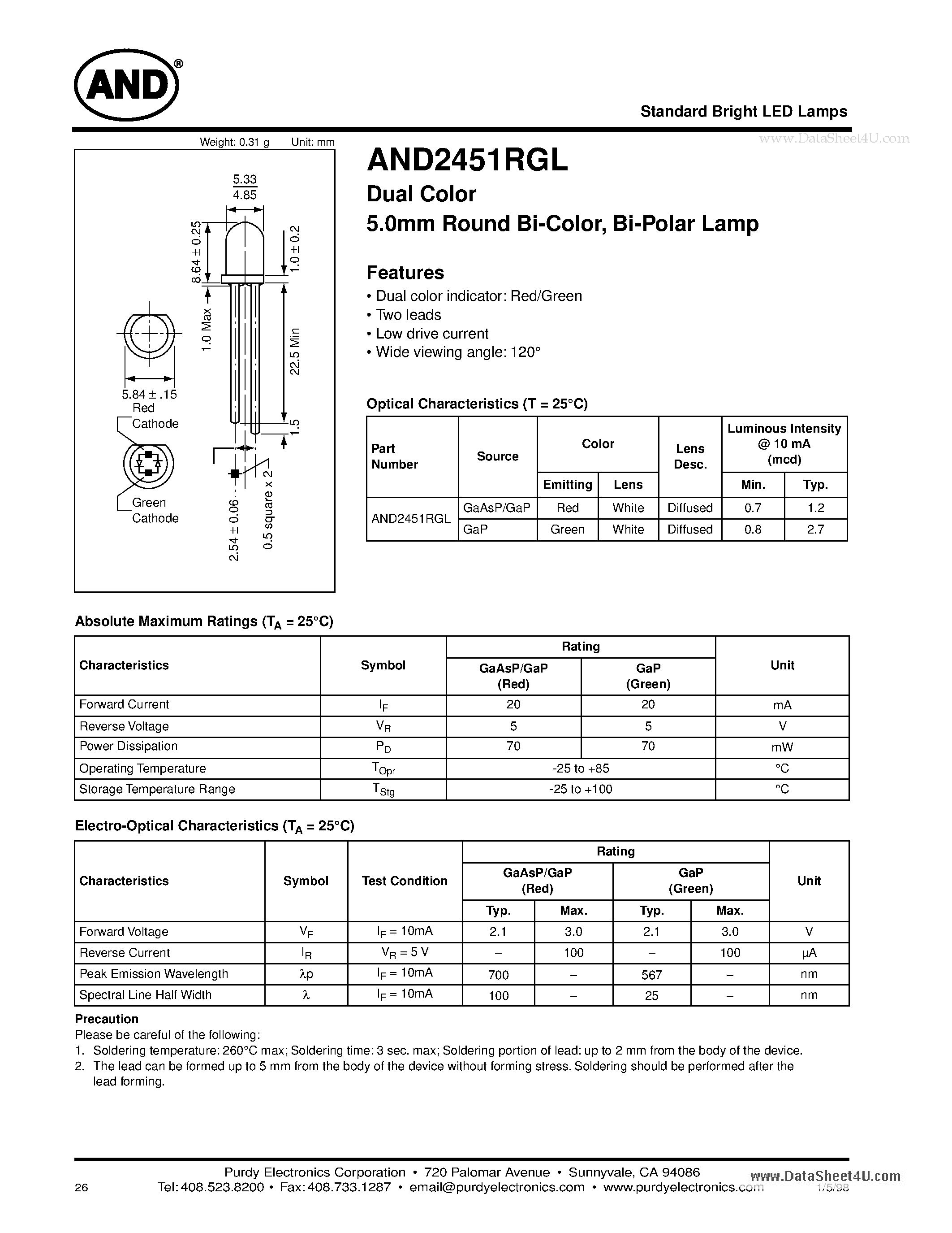 Даташит на микросхему AND2451RGL страница 1 Даташит AND2451RGL - Standard Bright LED Lamps страница 1