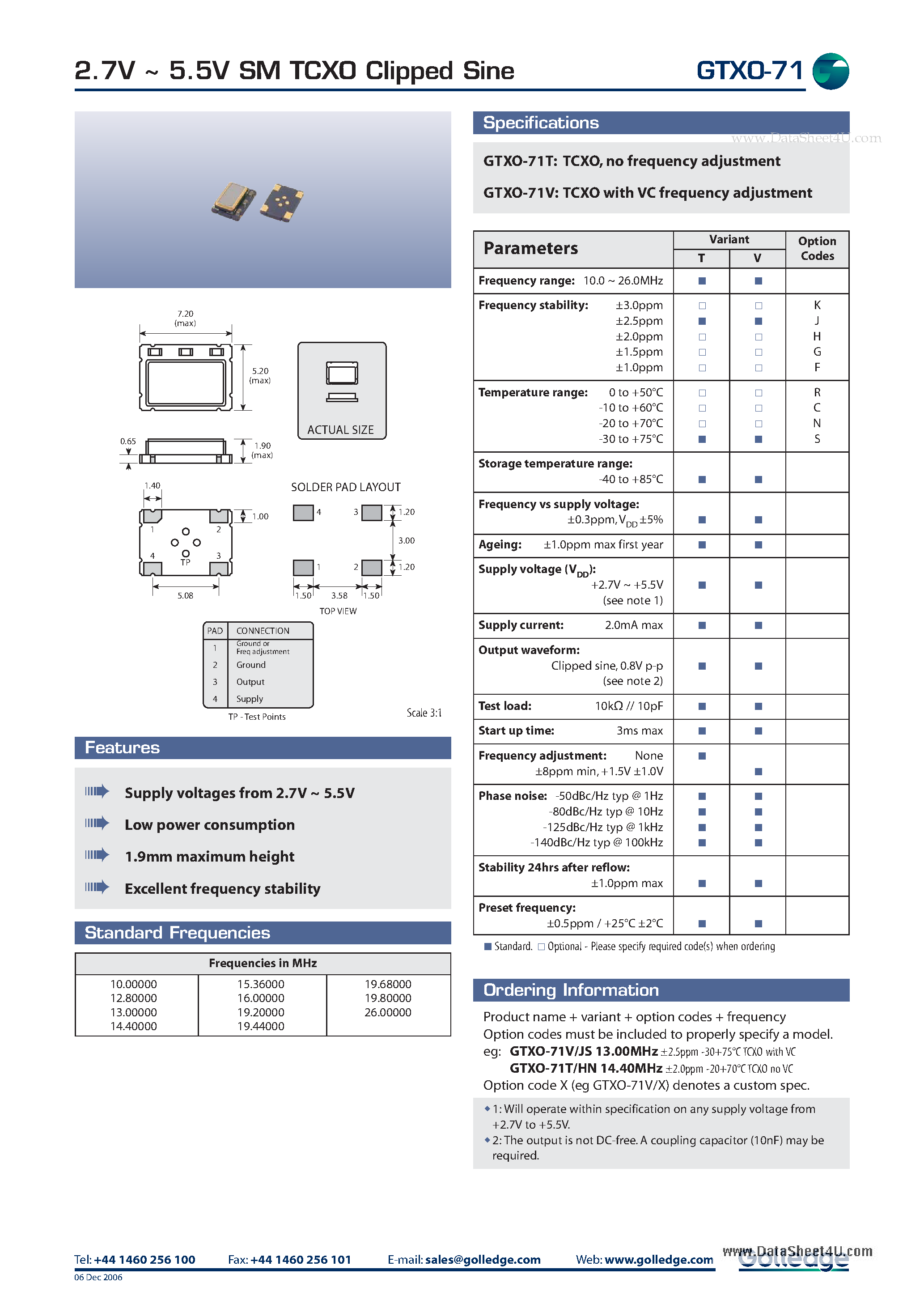 Datasheet GTXO-71 page 1 Datasheet GTXO-71 - 2.7V ~ 5.5V SM TCXO Clipped Sine page 1