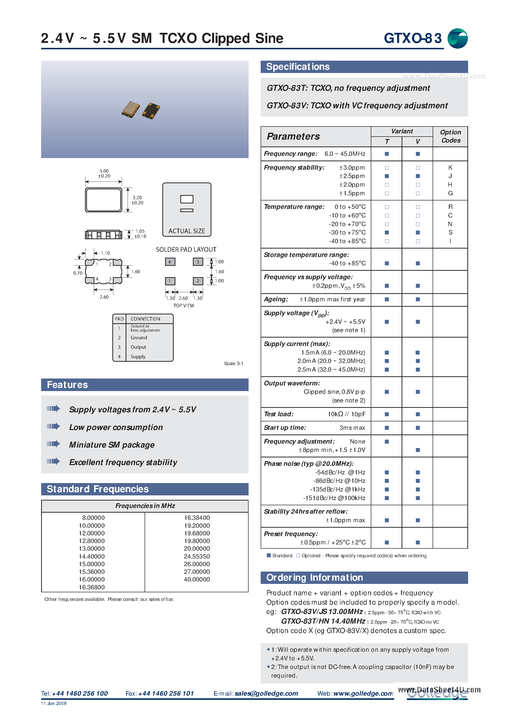 Datasheet GTXO-83 page 1 Datasheet GTXO-83 - 2.4V ~ 5.5V SM TCXO Clipped Sine page 1