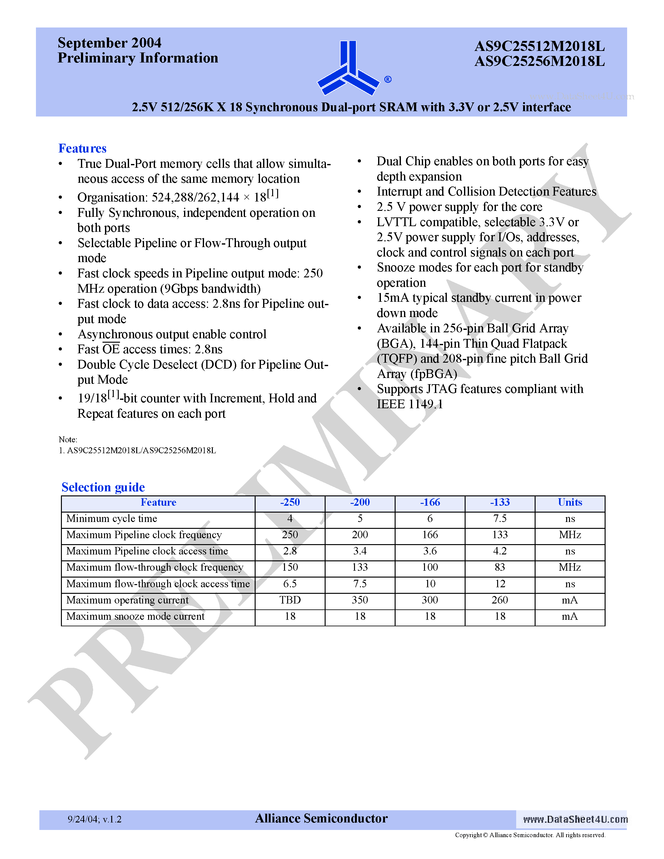 Даташит AS9C25256M2018L - (AS9C25512M2018L / AS9C25256M2018L) 2.5V 512/256K x 18 Synchronous Dual-port SRAM страница 1