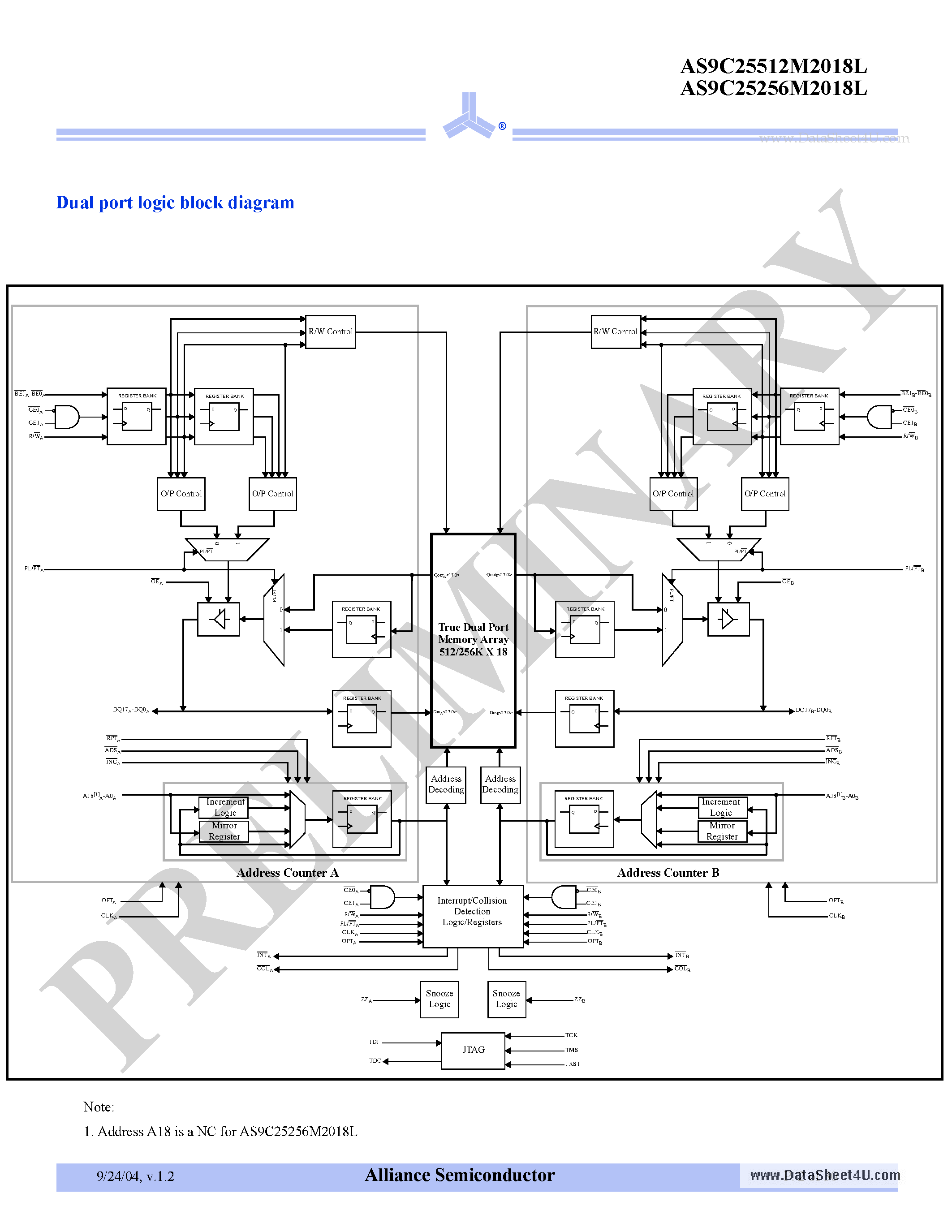 Даташит AS9C25256M2018L - (AS9C25512M2018L / AS9C25256M2018L) 2.5V 512/256K x 18 Synchronous Dual-port SRAM страница 2