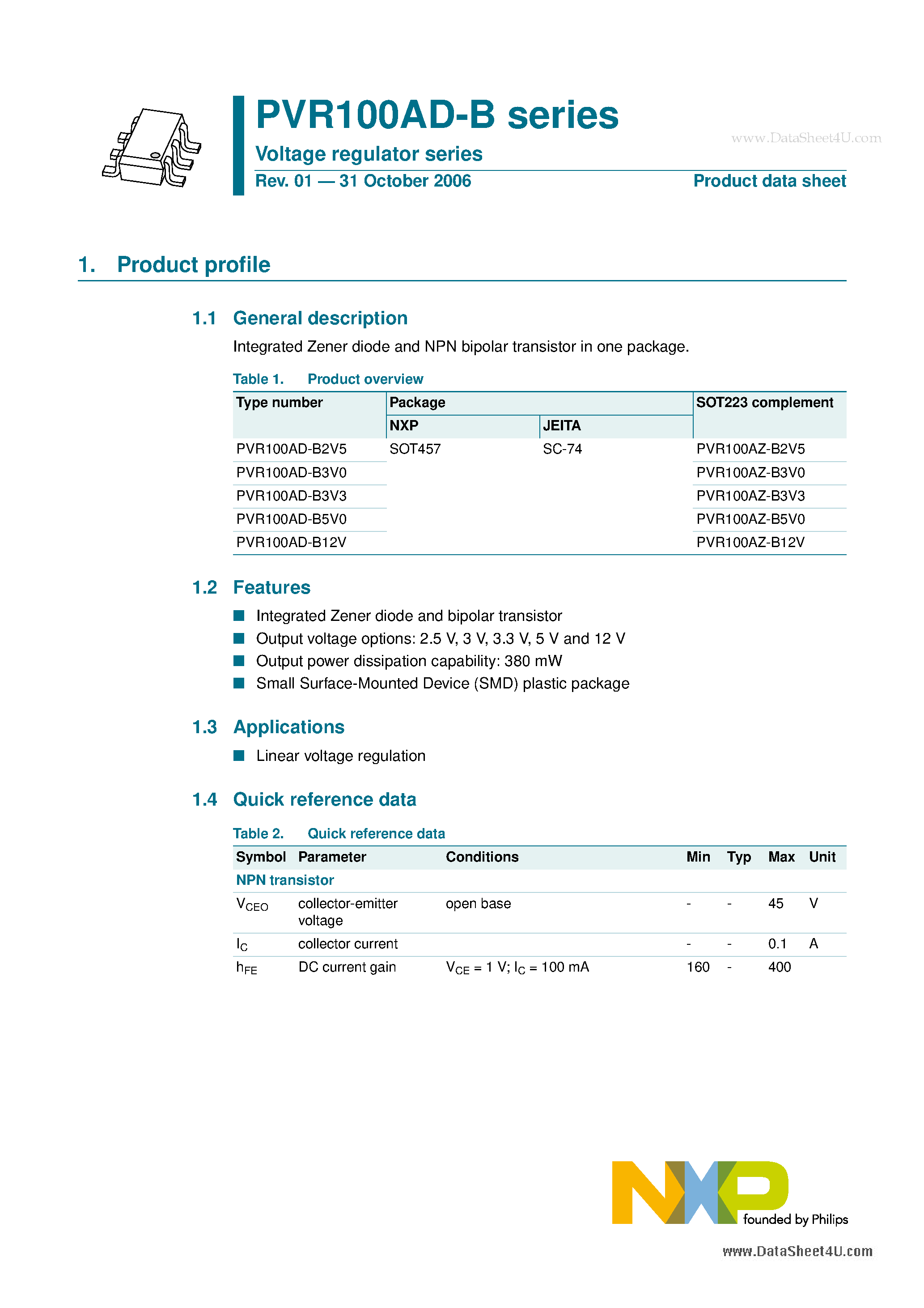 Datasheet PVR100AD-B page 1 Datasheet PVR100AD-B - Voltage regulator series page 1