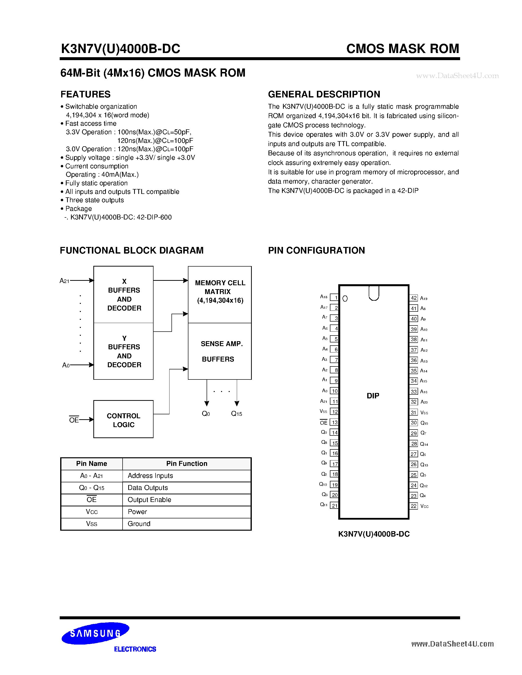 Даташит K3N7U4000B - 64M-Bit (4M X 16) CMOS Mask ROM страница 1