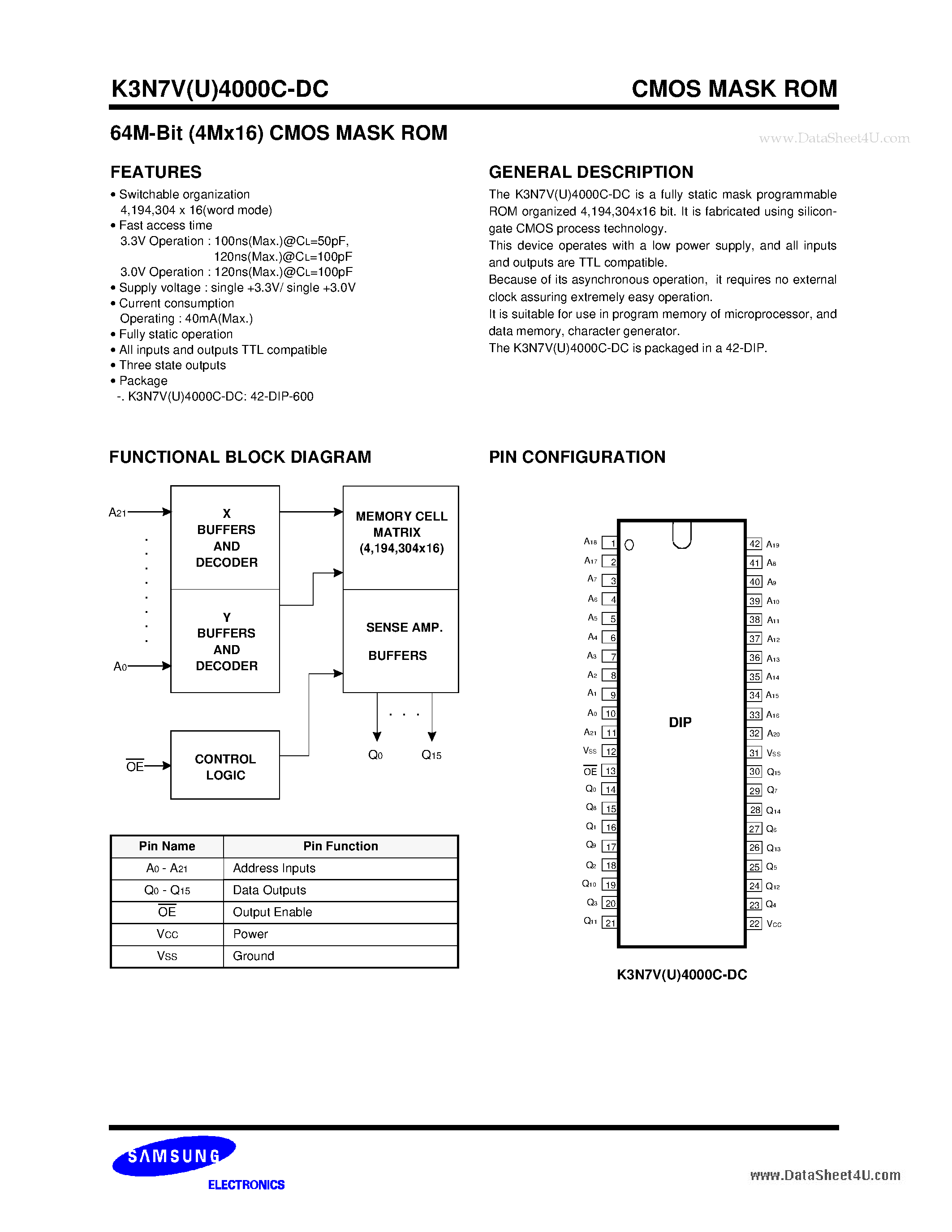 Даташит K3N7U4000C - 64M-Bit (4M X 16) CMOS Mask ROM страница 1