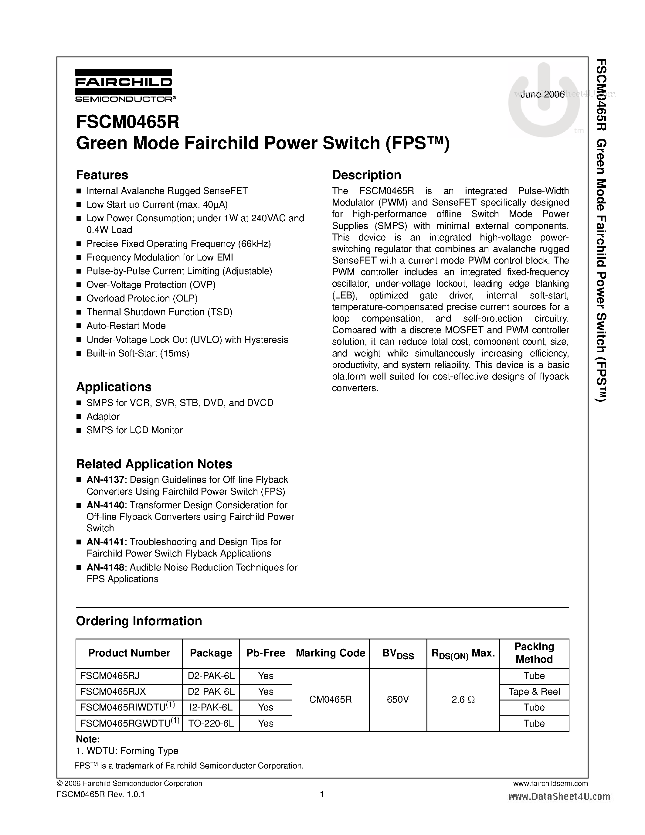 Даташит FSDM0465R - Green Mode Fairchild Power Switch страница 1