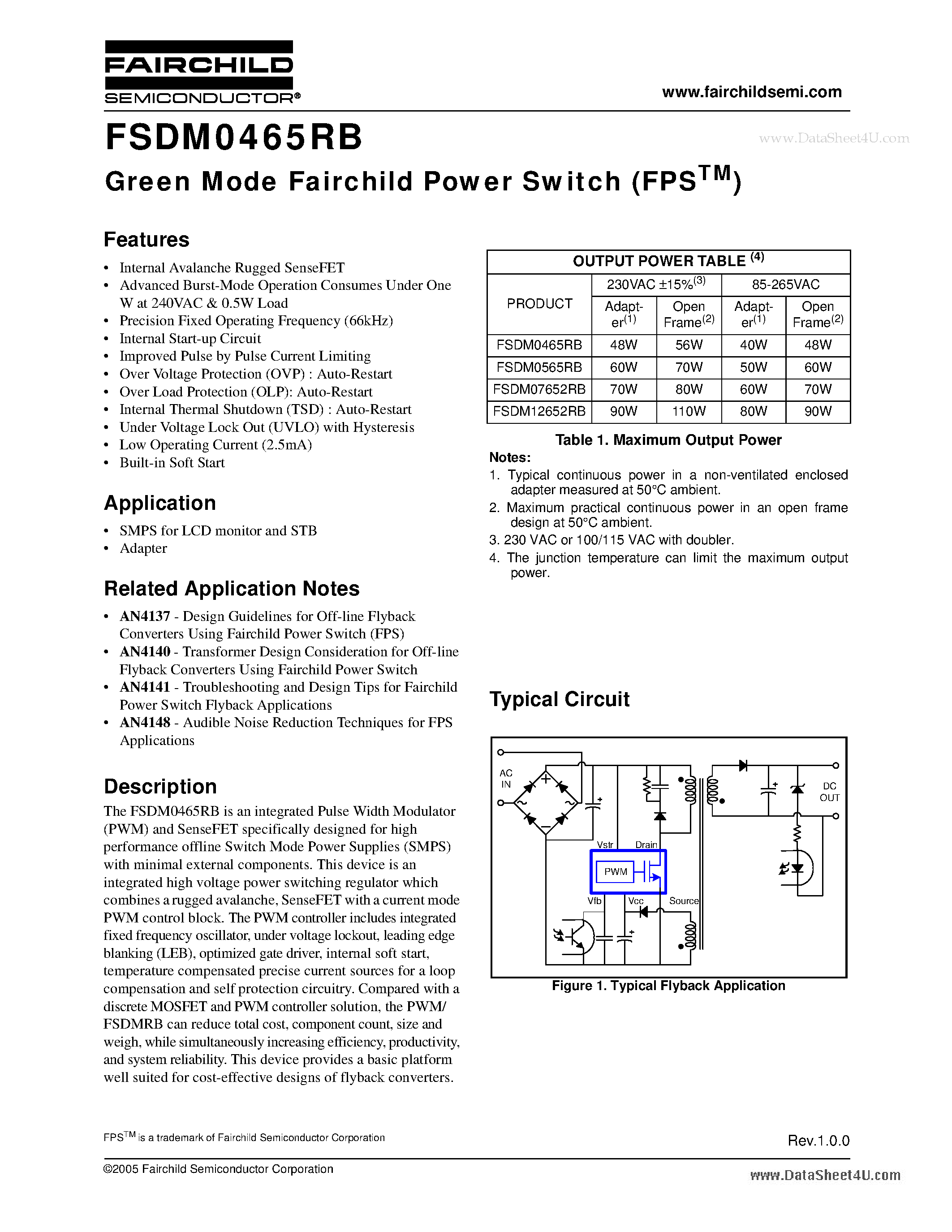 Даташит на микросхему FSDM0465RB страница 1 Даташит FSDM0465RB - Green Mode Fairchild Power Switch страница 1