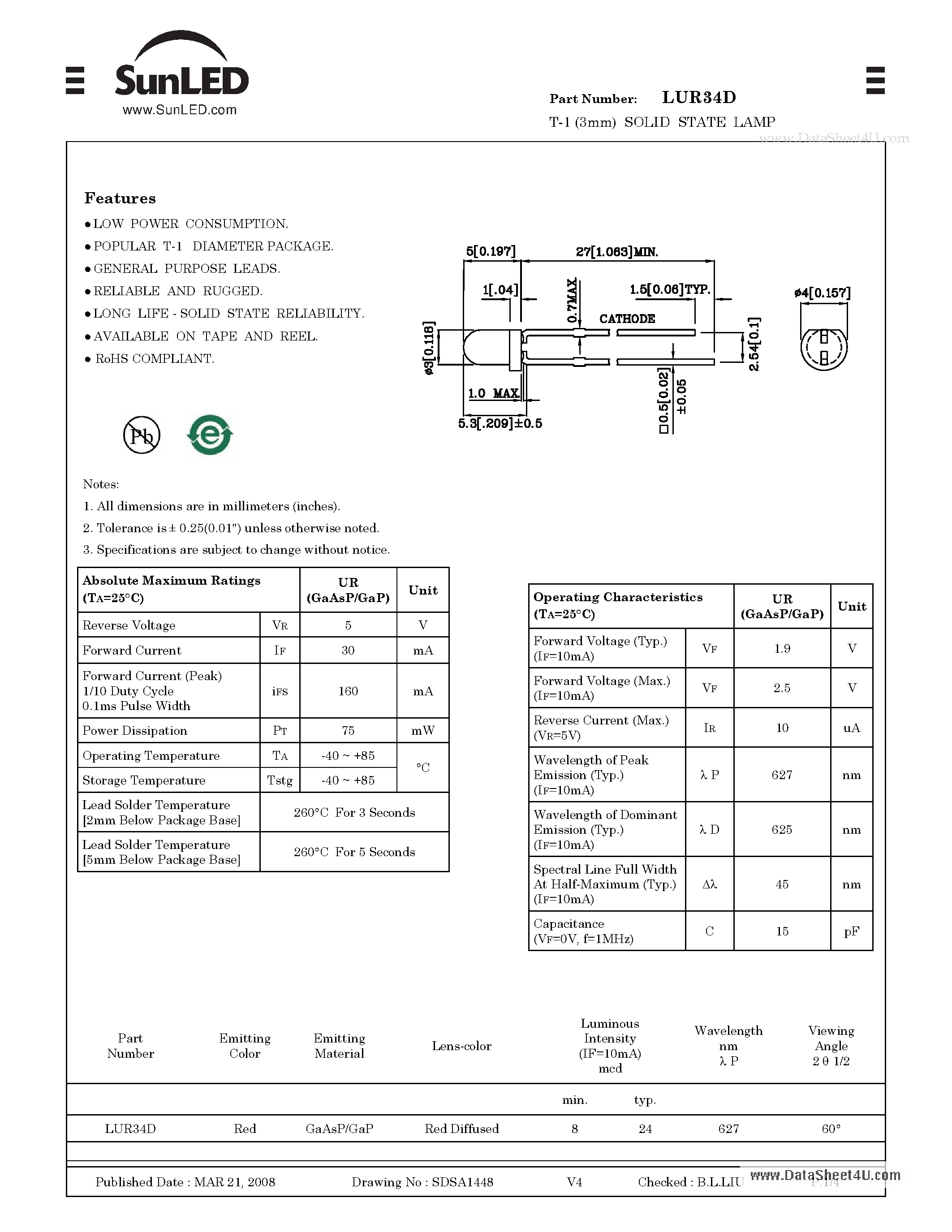 Даташит LUR34D - T-1 (3mm) SOLID STATE LAMP страница 1