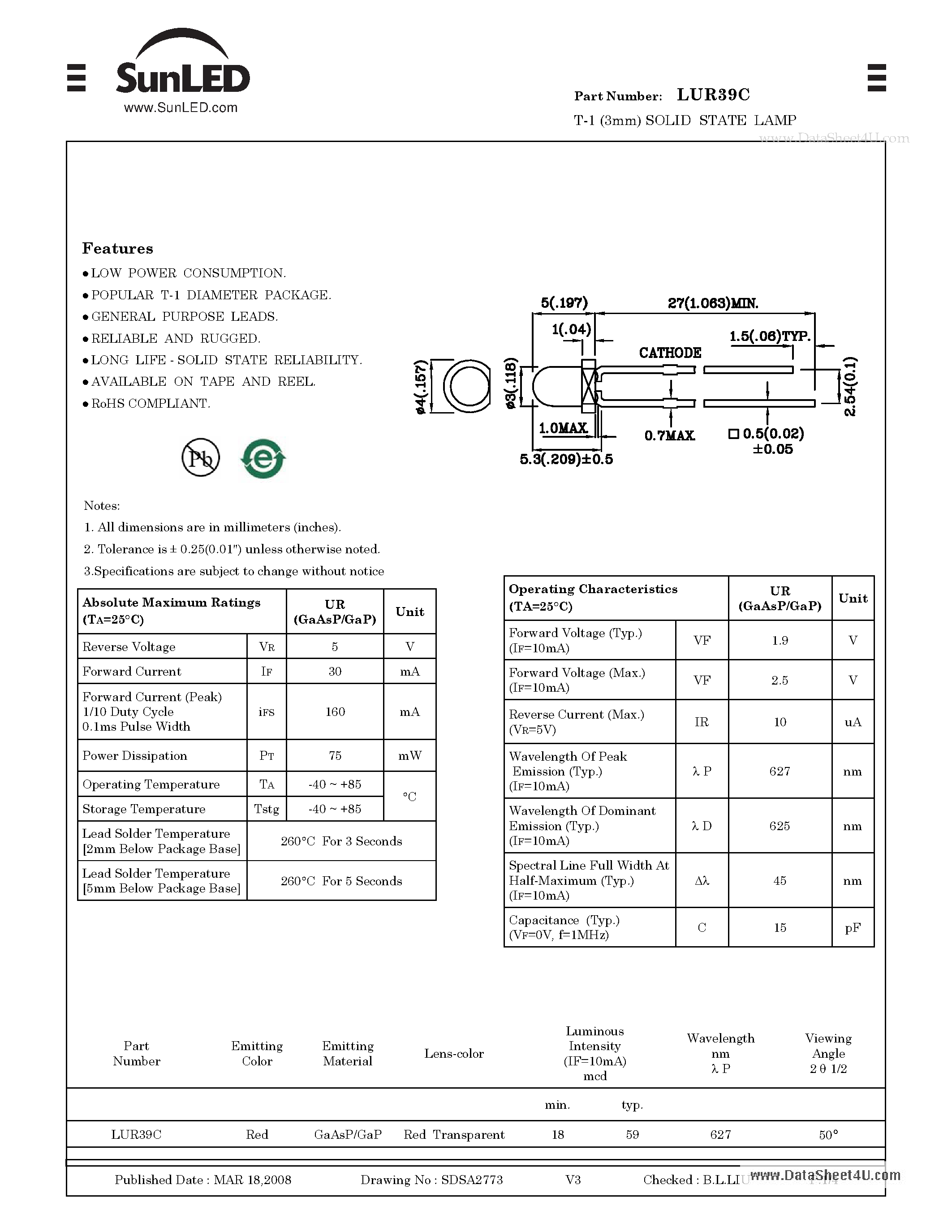 Даташит LUR39C - T-1 (3mm) SOLID STATE LAMP страница 1