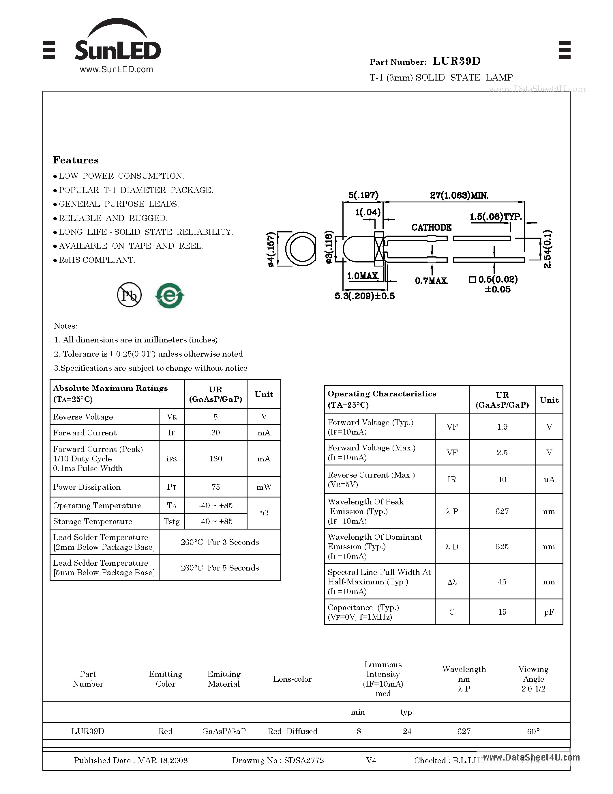 Даташит LUR39D - T-1 (3mm) SOLID STATE LAMP страница 1