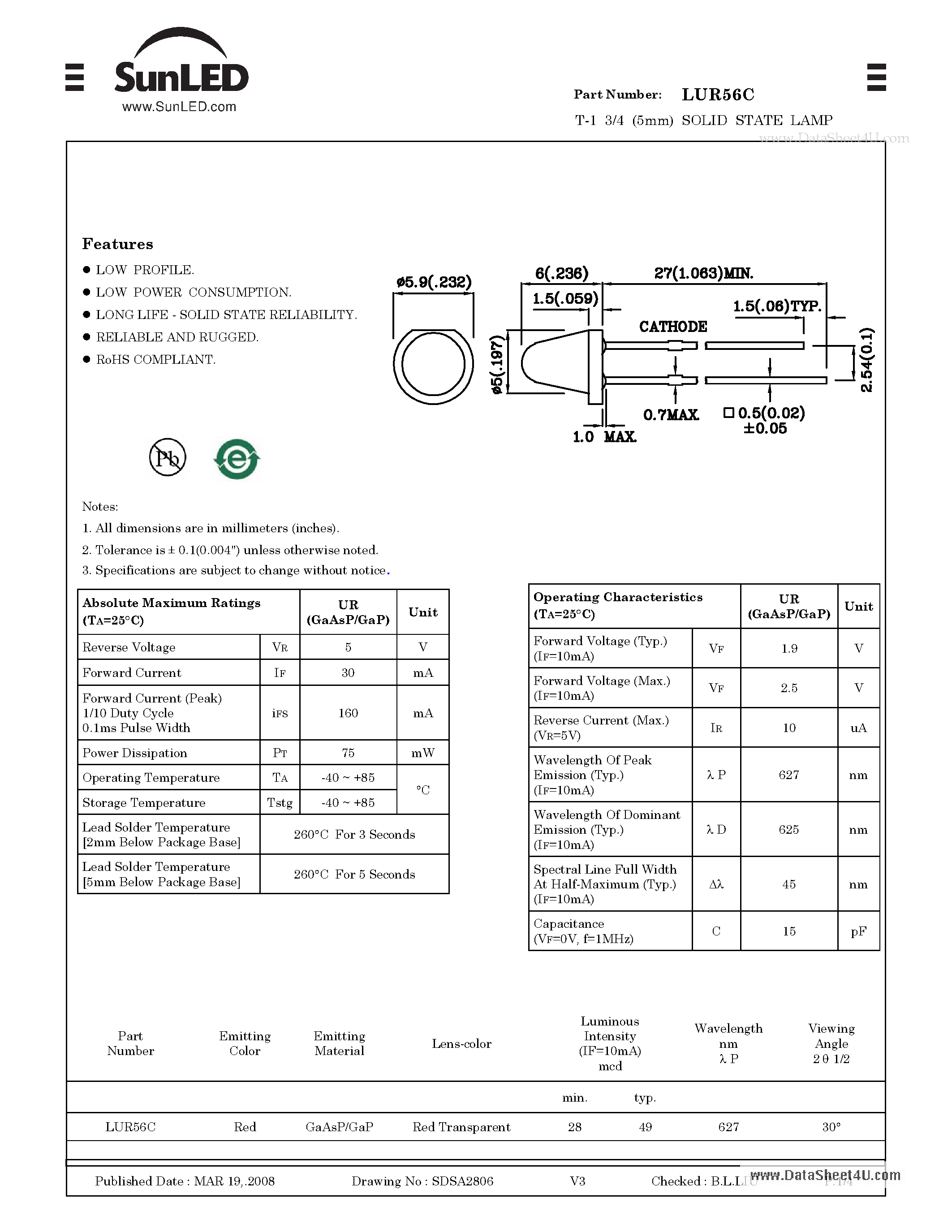 Datasheet LUR56C - T-1 3/4 (5mm) SOLID STATE LAMP page 1