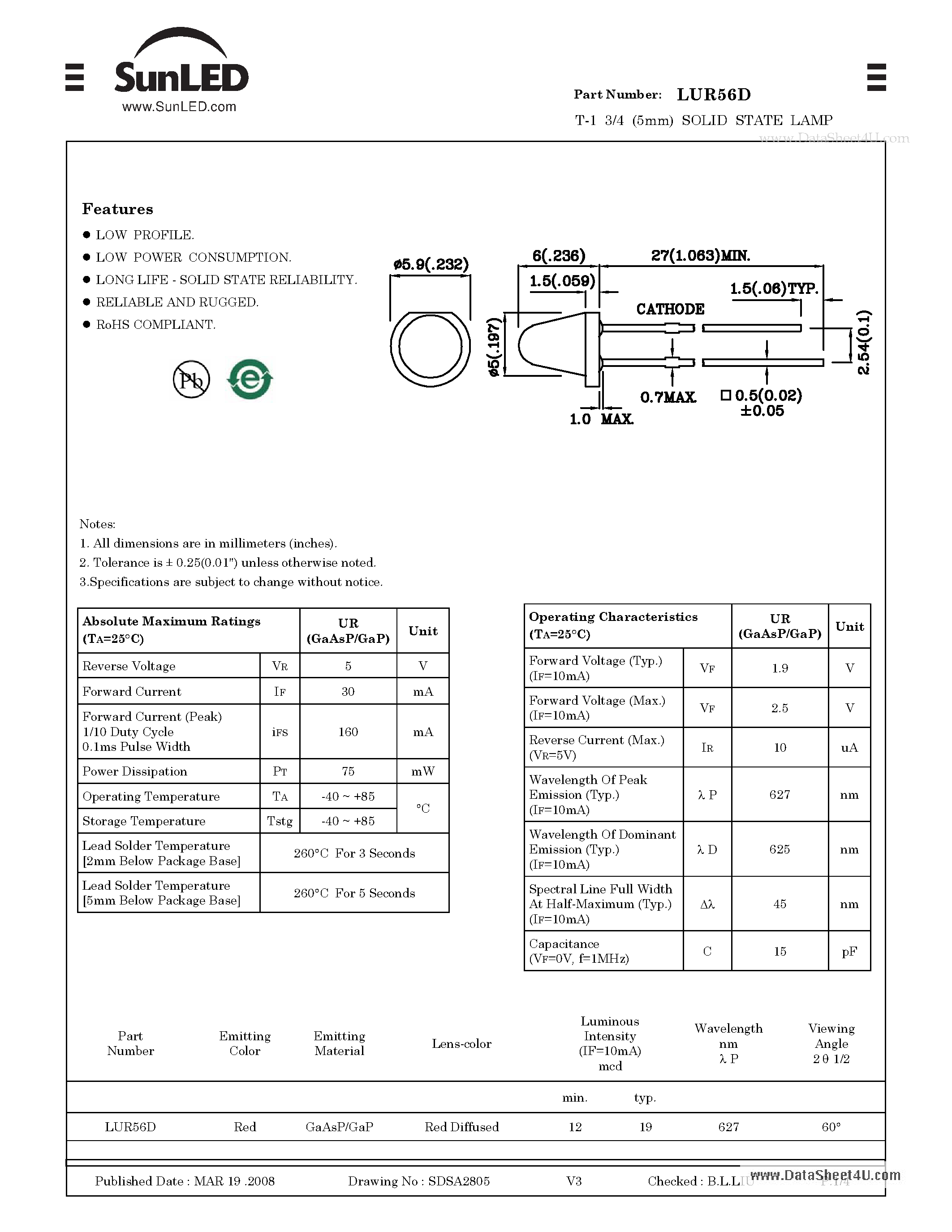 Datasheet LUR56D - T-1 3/4 (5mm) SOLID STATE LAMP page 1