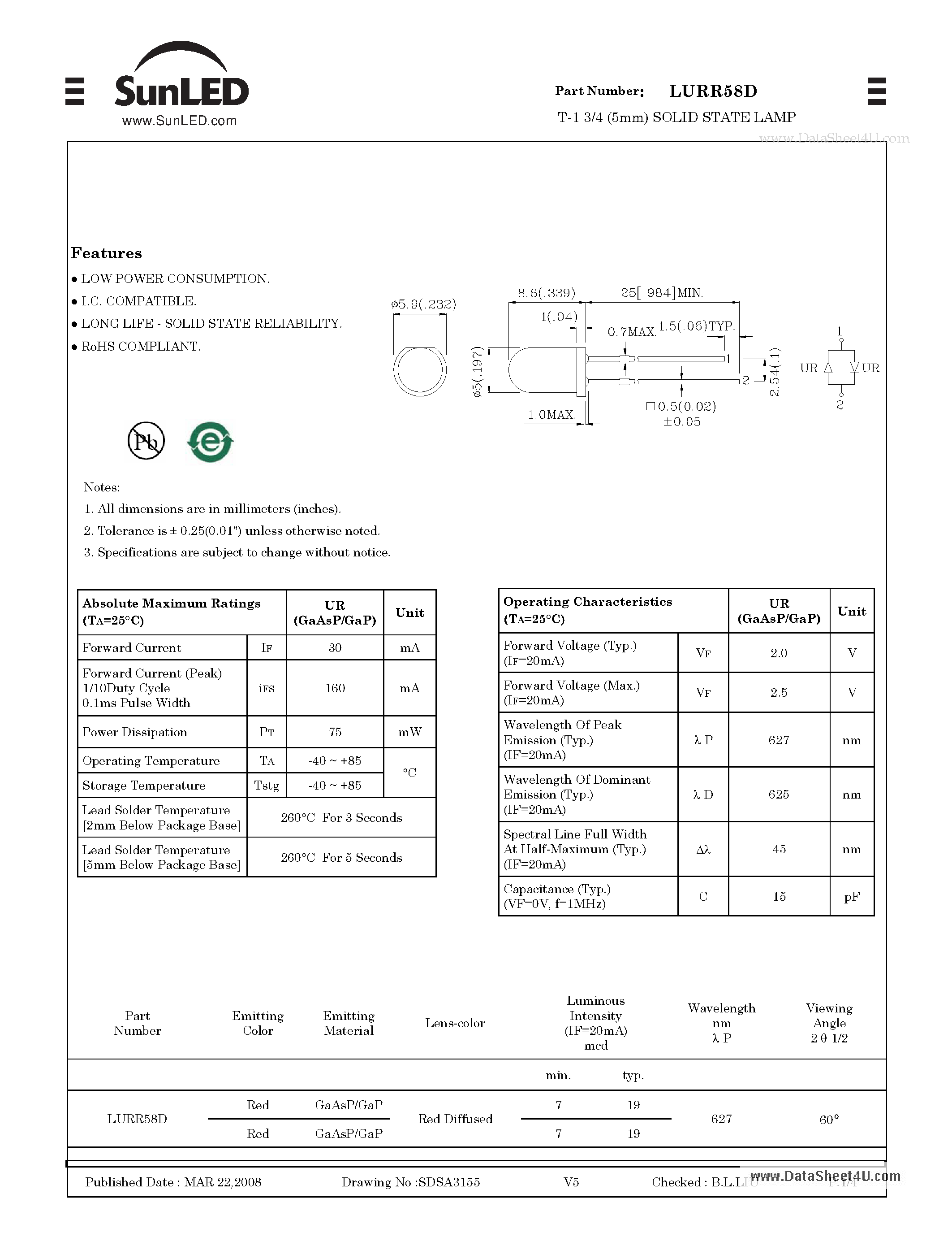 Datasheet LURR58D - T-1 3/4 (5mm) SOLID STATE LAMP page 1