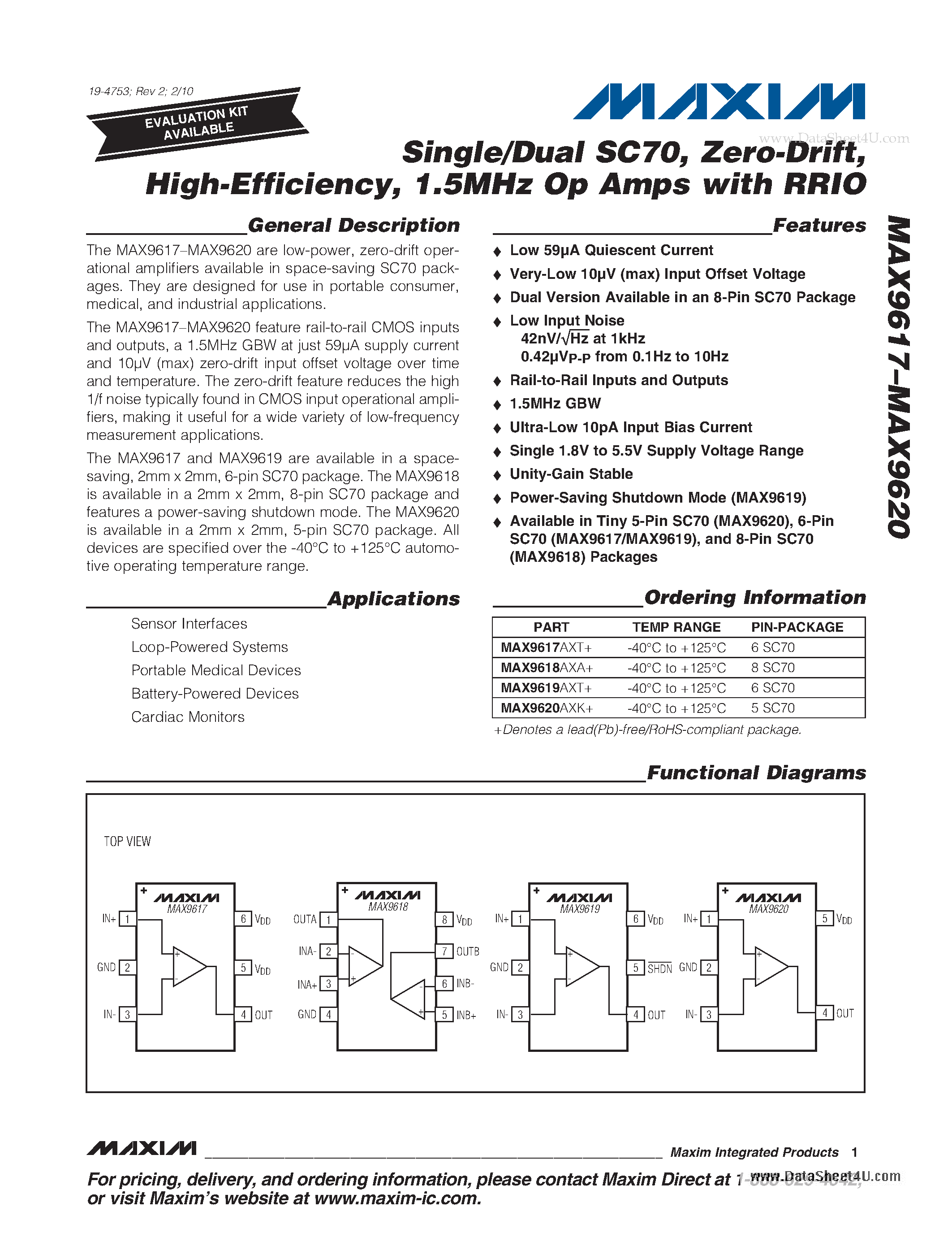 Datasheet MAX9617 - 1.5MHz Op Amps page 1
