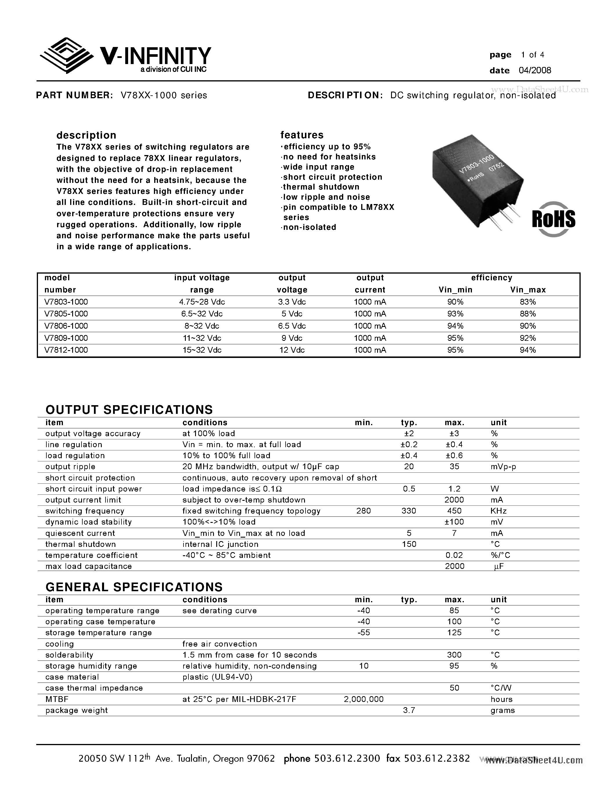 Datasheet V7803-500 - DC switching regulator / non-isolated page 1
