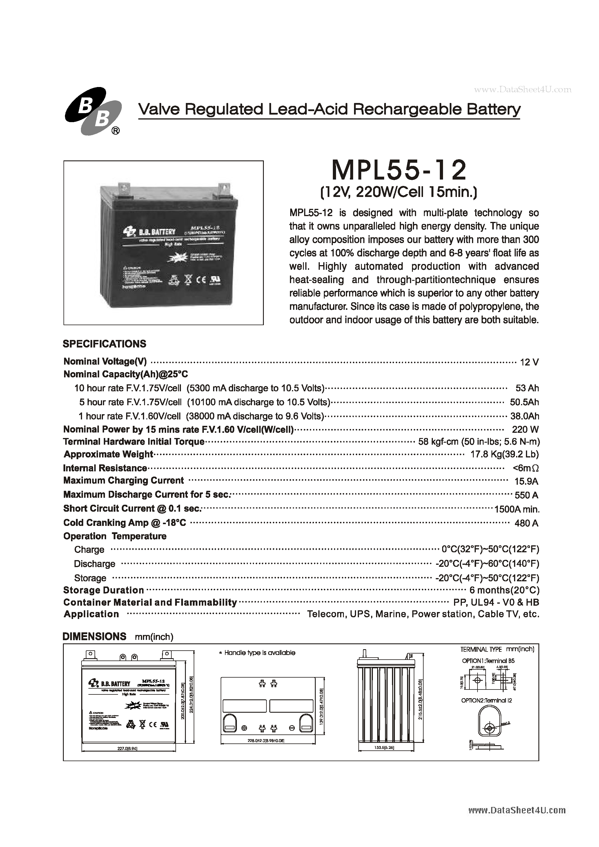 Datasheet MPL55-12 - Valve Regulated Lead-Acid Rechargeable Battery page 1