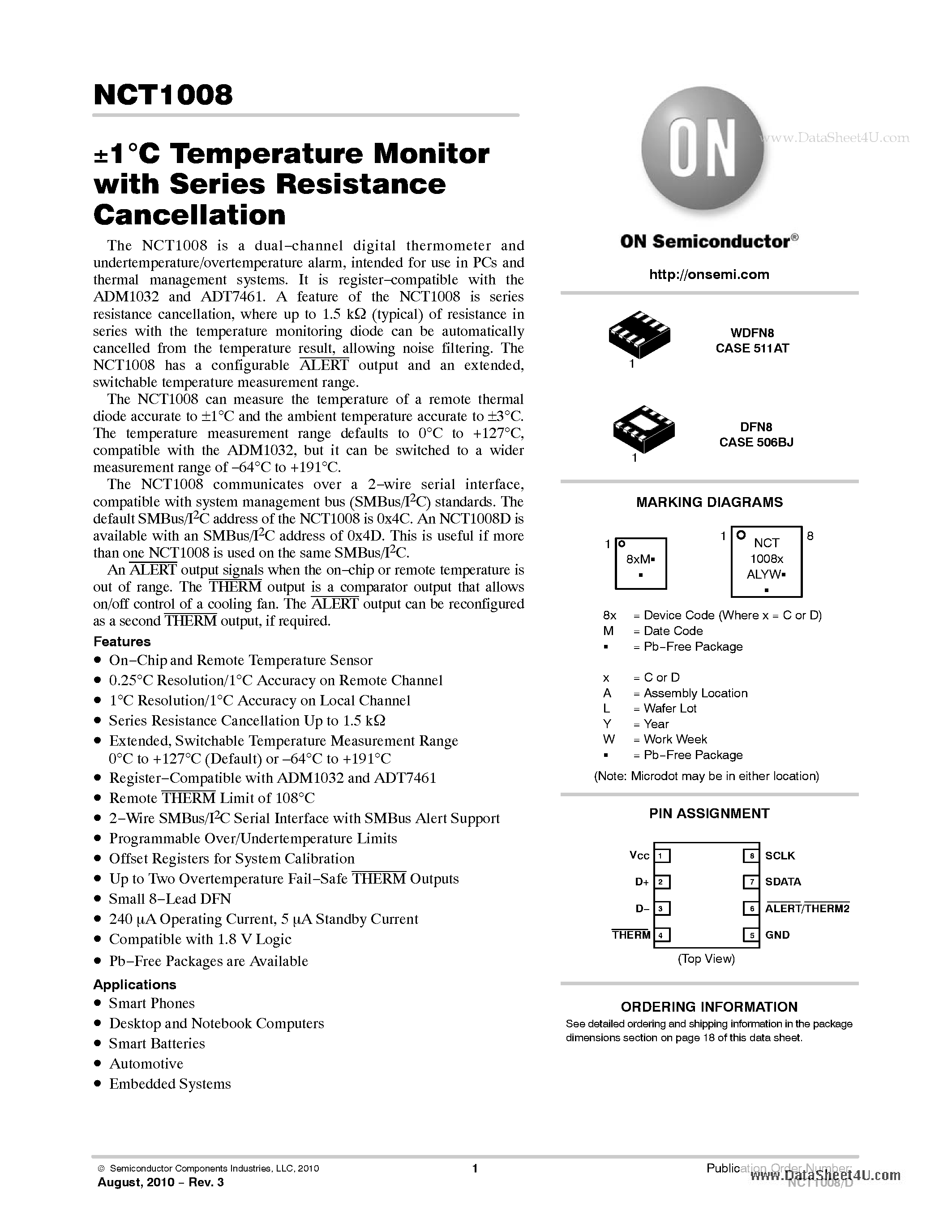 Даташит на микросхему NCT1008 страница 1 Даташит NCT1008 - +-1 C Temperature Monitor страница 1