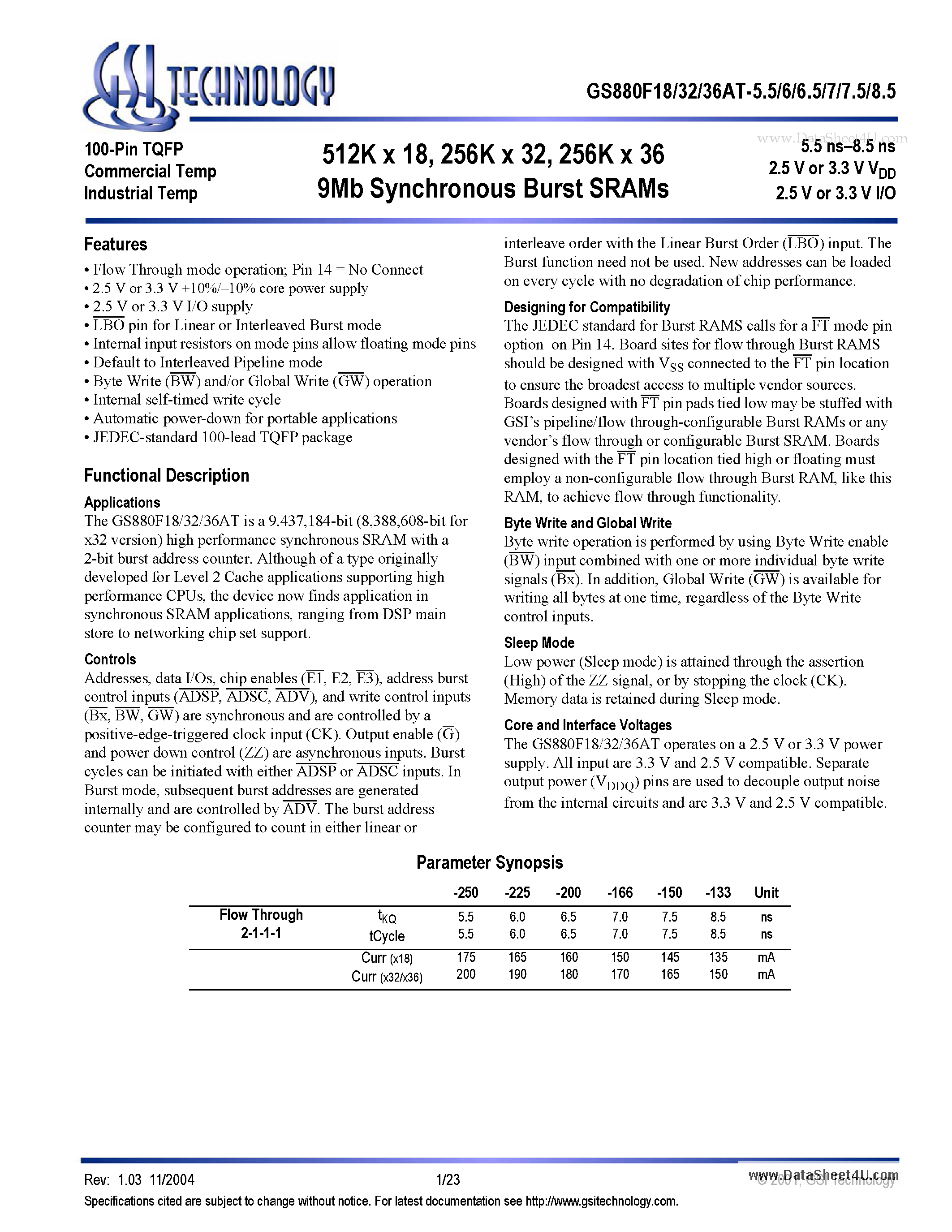 Даташит GS880F18AT-5.5 - 9Mb Synchronous Burst SRAMs страница 1