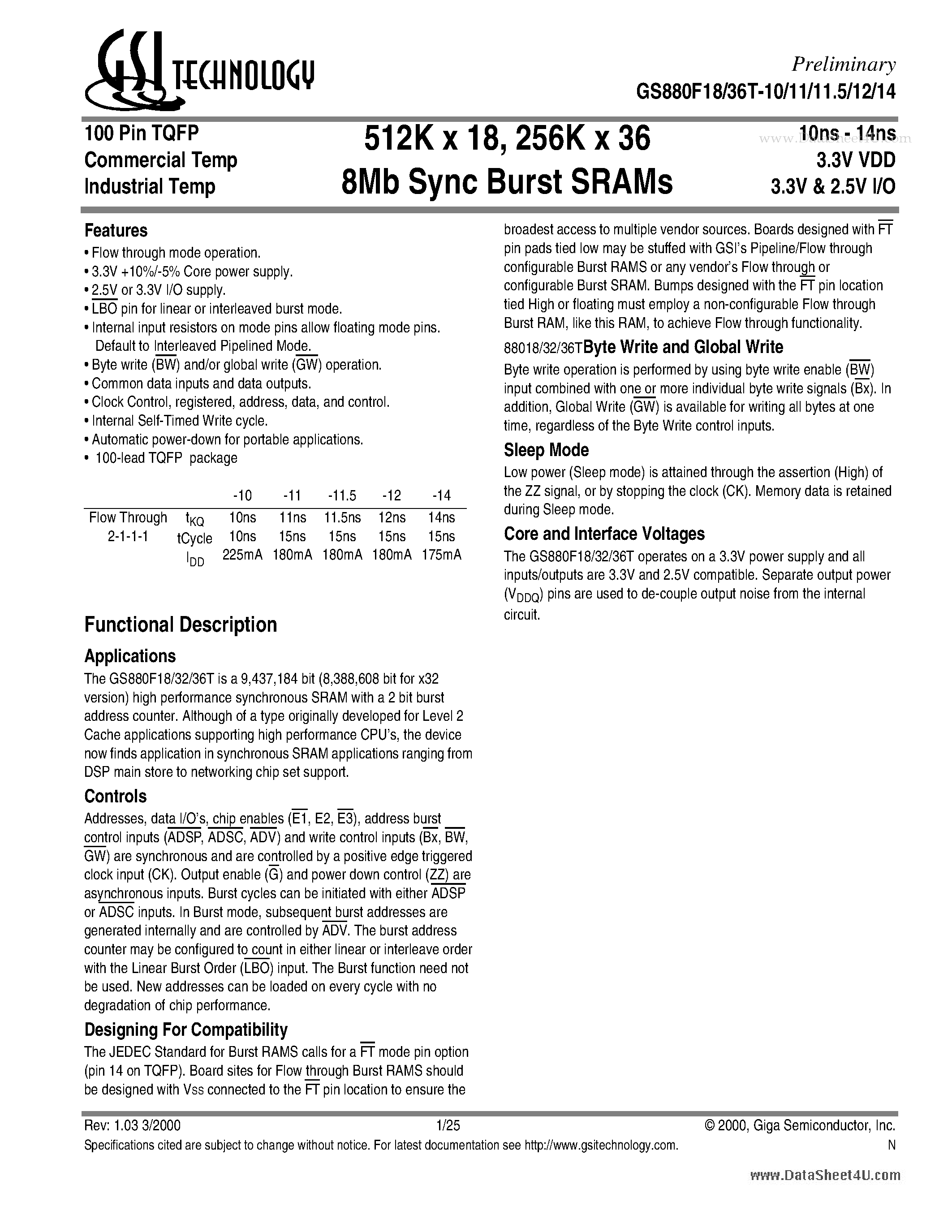 Datasheet GS880F18T-10 - 8Mb Sync Burst SRAMs page 1