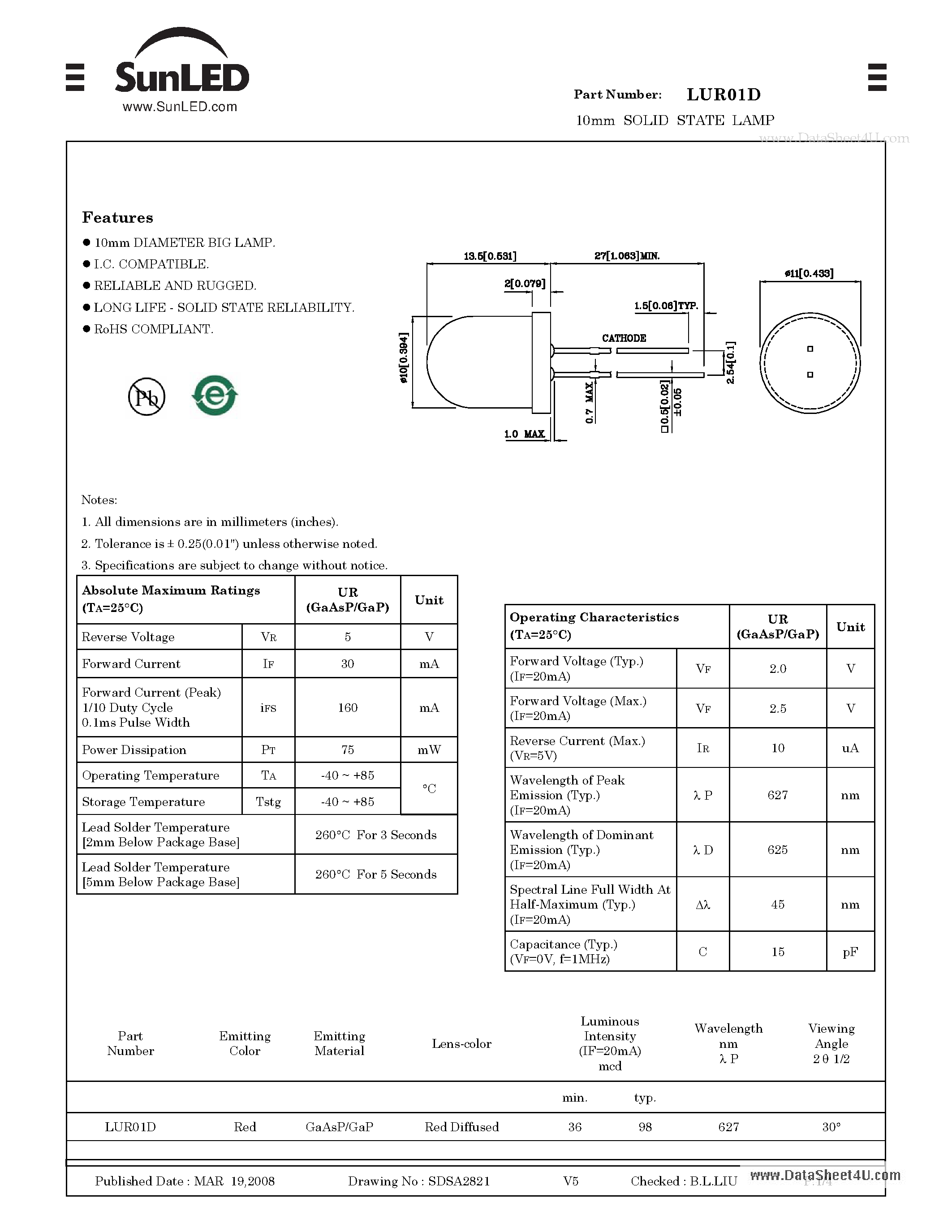 Datasheet LUR01D page 1 Datasheet LUR01D - 10mm SOLID STATE LAMP page 1