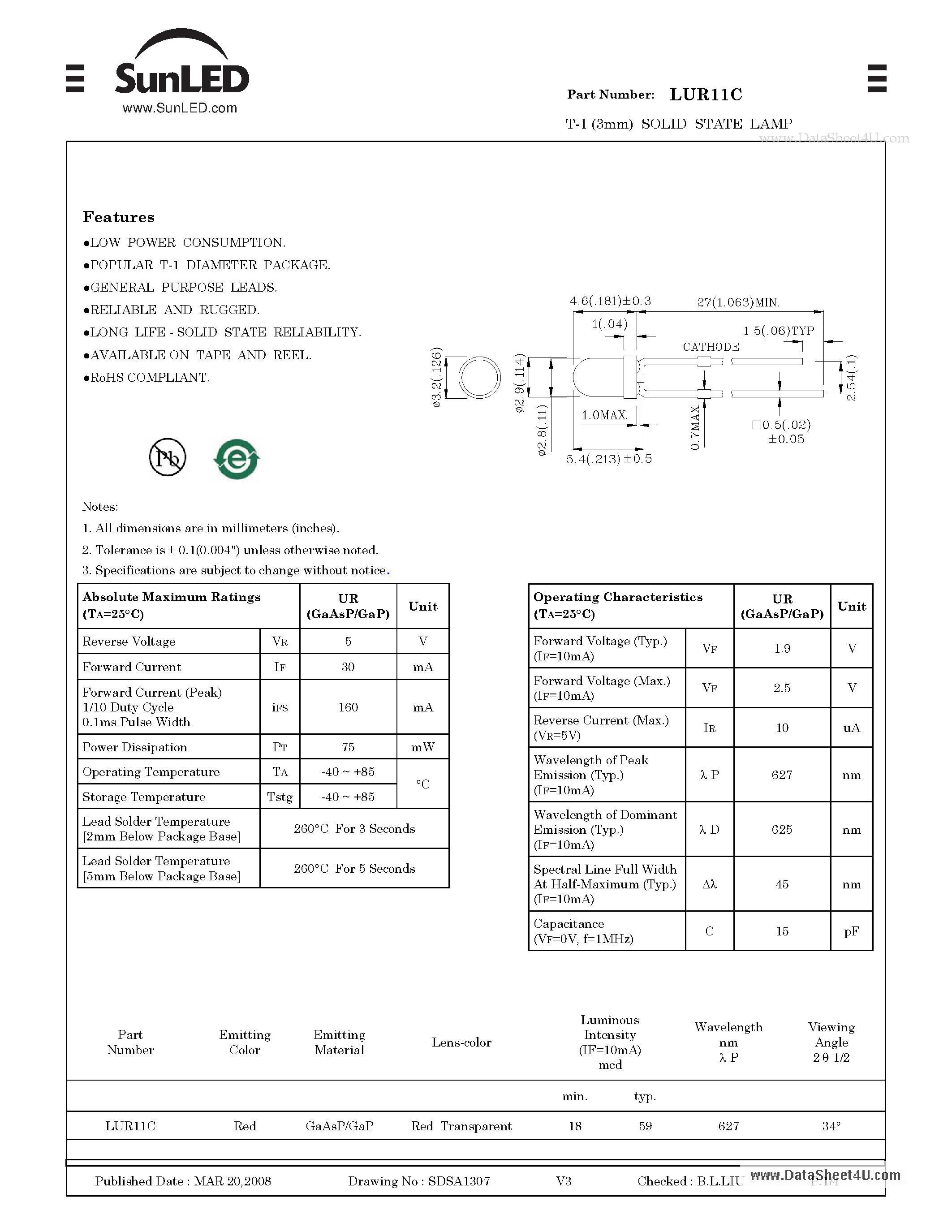 Даташит LUR11C - T-1 (3mm) SOLID STATE LAMP страница 1