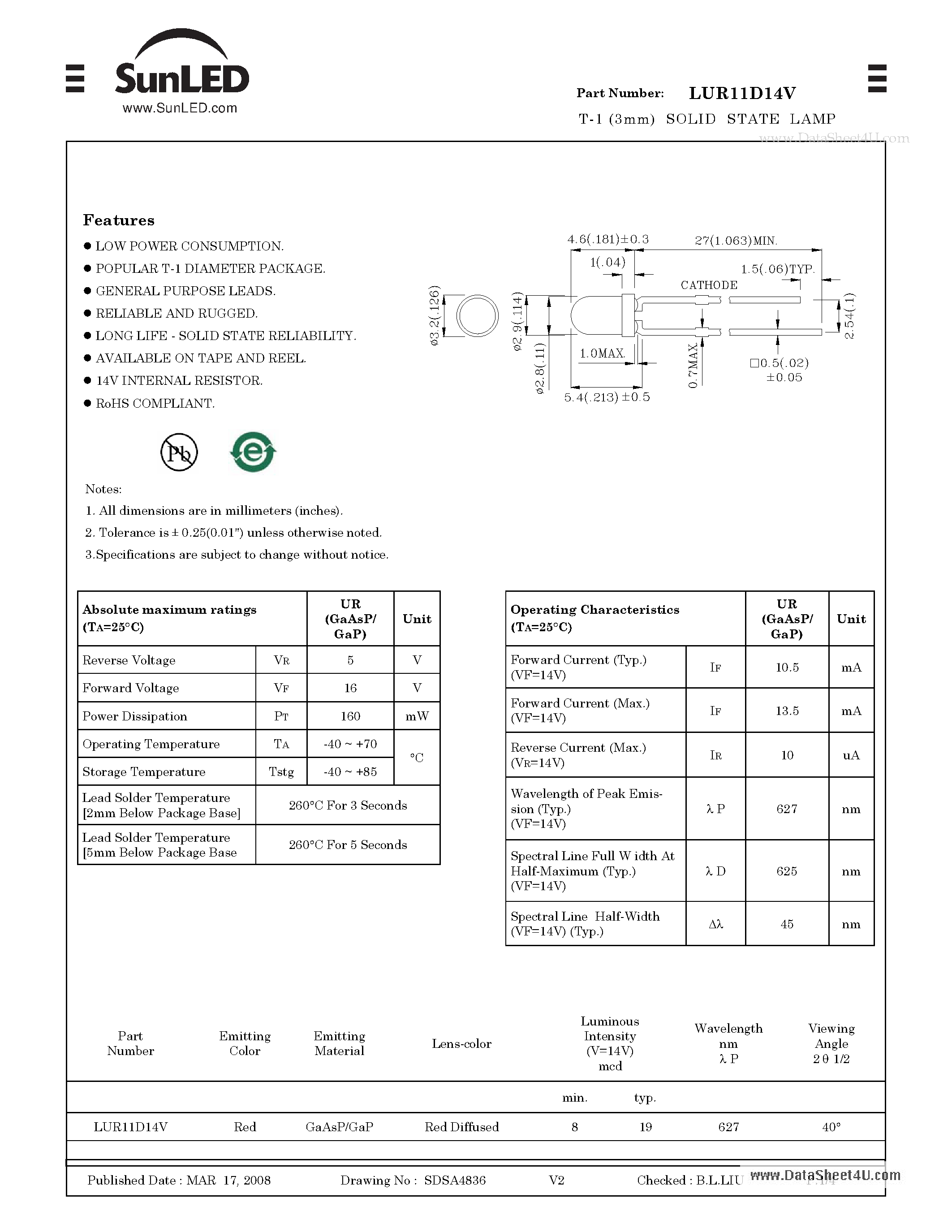 Даташит LUR11D14V - T-1 (3mm) SOLID STATE LAMP страница 1