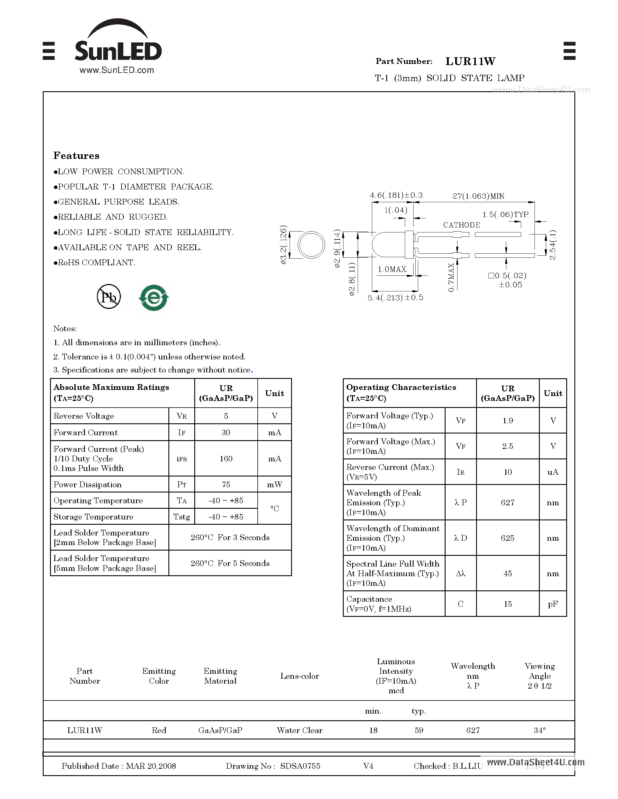 Даташит LUR11W - T-1 (3mm) SOLID STATE LAMP страница 1