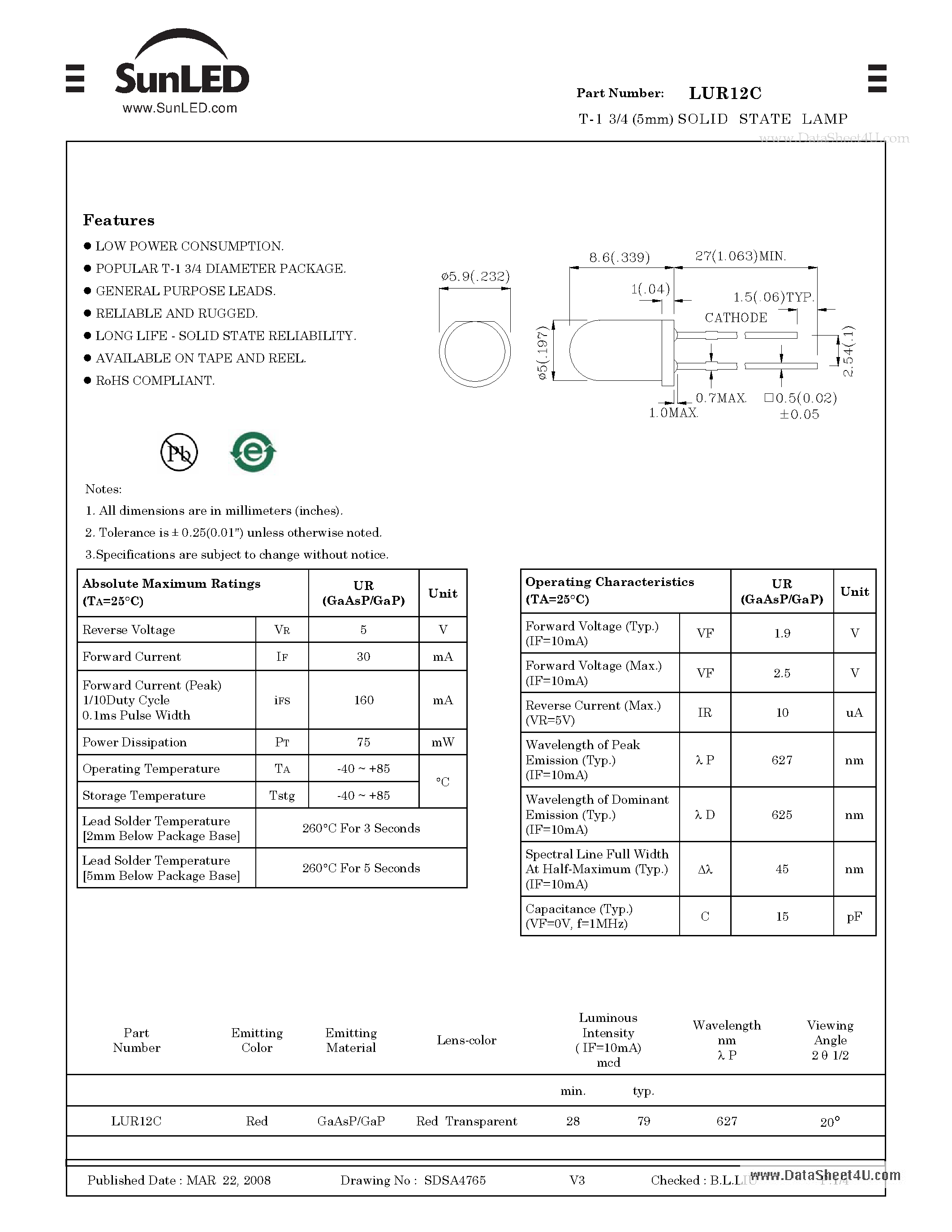 Datasheet LUR12C page 1 Datasheet LUR12C - T-1 3/4 (5mm) SOLID STATE LAMP page 1