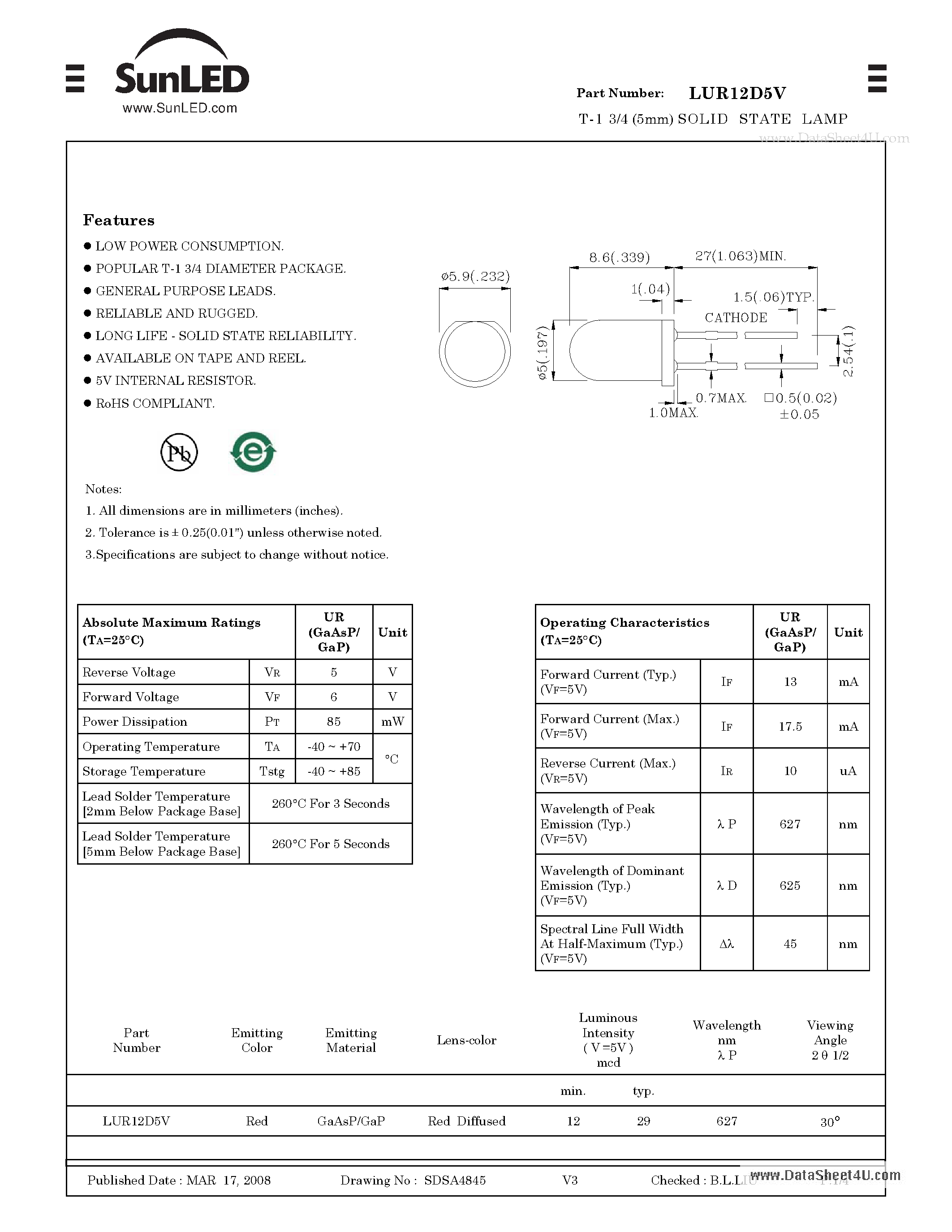 Datasheet LUR12D5V page 1 Datasheet LUR12D5V - T-1 3/4 (5mm) SOLID STATE LAMP page 1