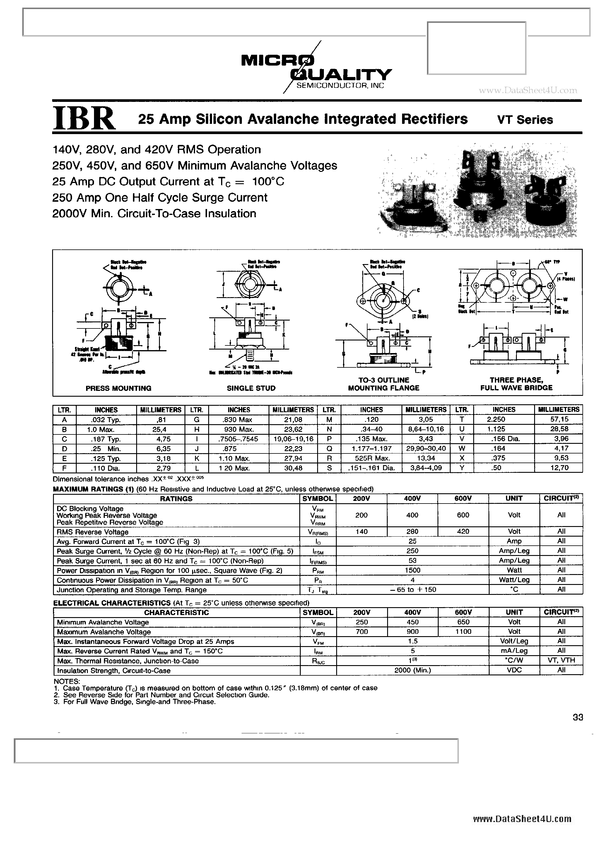 Datasheet VTA200 - 25 Amp silicon avalanche integrated rectifier page 1