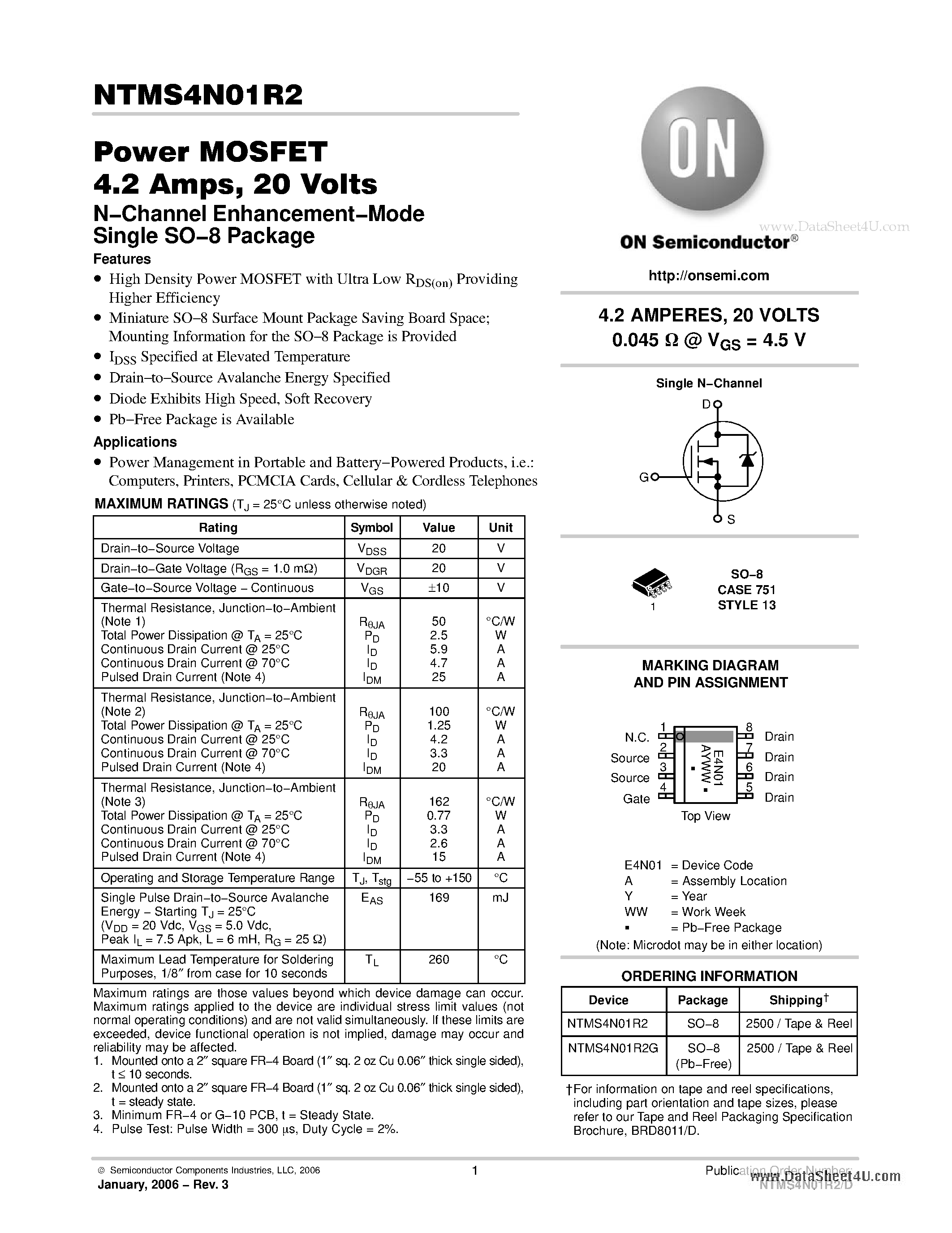 Datasheet NTMS4N01R2 - Power MOSFET 4.2 Amps 20 Volts page 1