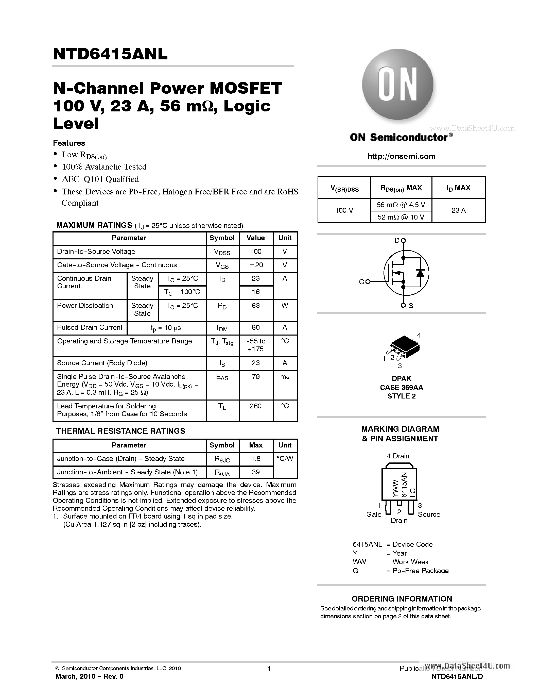 Даташит на микросхему NTD6415ANL страница 1 Даташит NTD6415ANL - N-Channel Power MOSFET 100 V / 23 A / 56 mome Logic Level страница 1