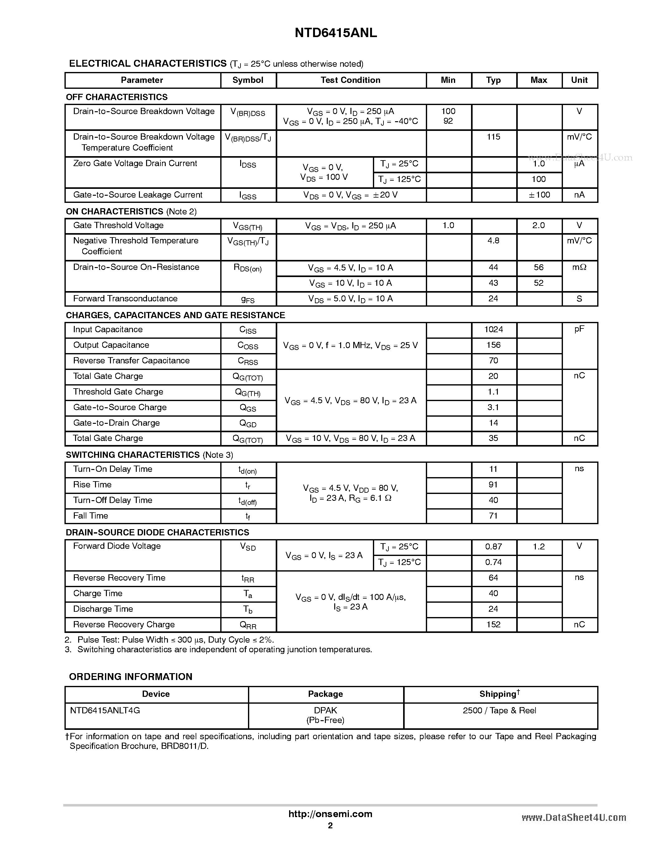 Даташит на микросхему NTD6415ANL страница 2 Даташит NTD6415ANL - N-Channel Power MOSFET 100 V / 23 A / 56 mome Logic Level страница 2