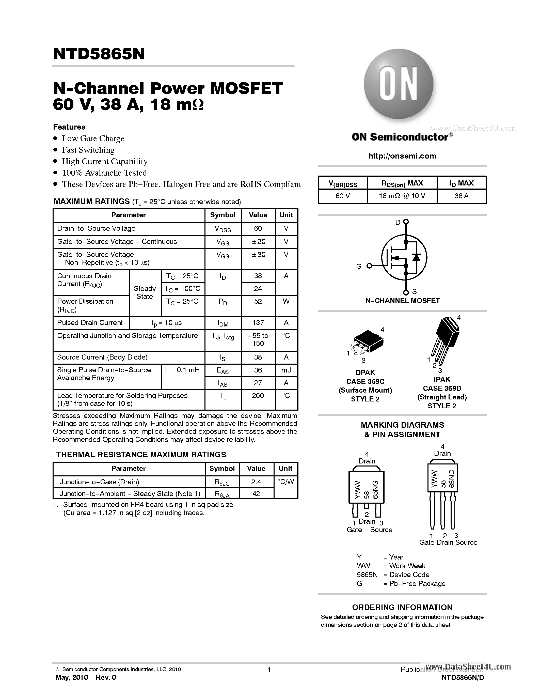 Datasheet NTD5865N - N-Channel Power MOSFET 60 V / 38 A / 18 m ome page 1