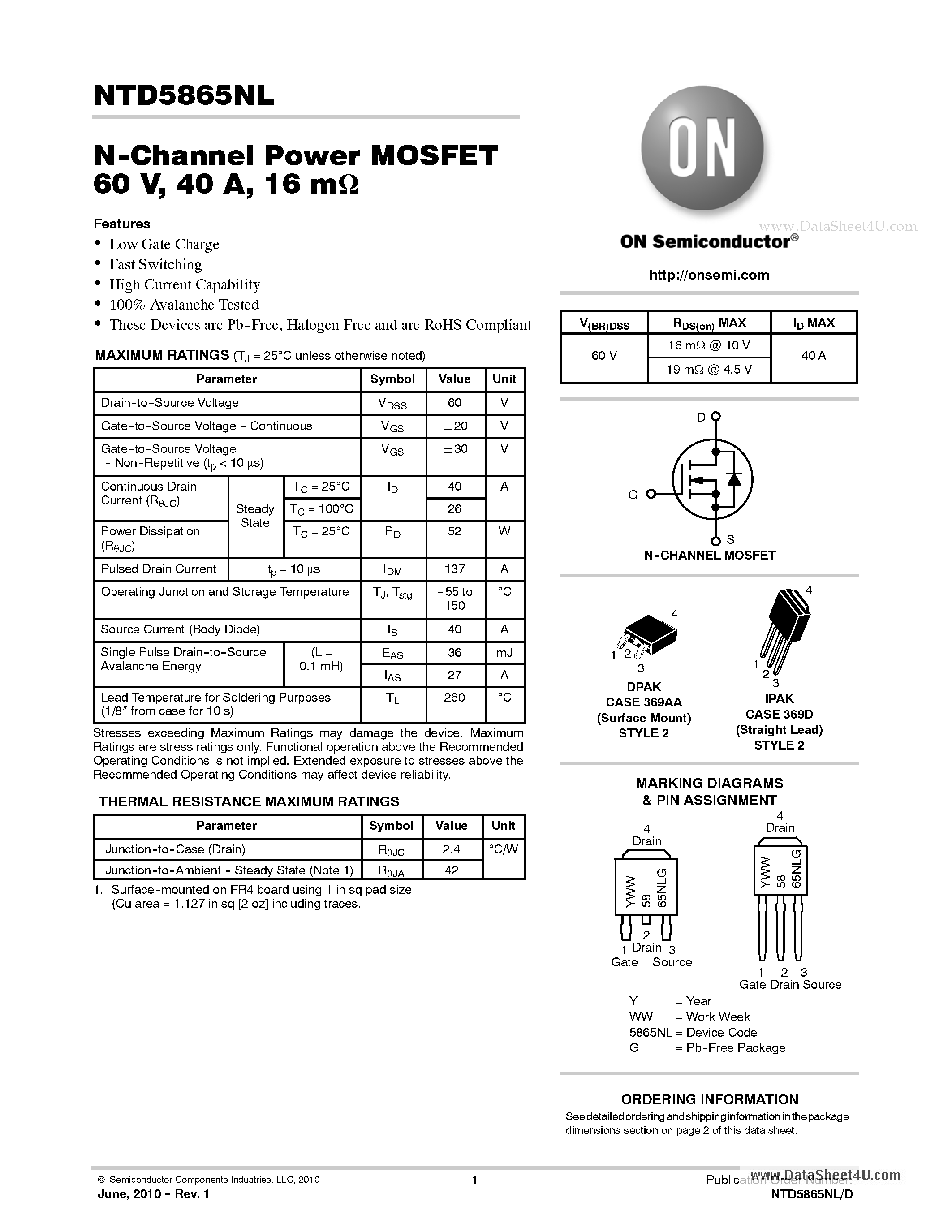 Datasheet NTD5865NL - N-Channel Power MOSFET 60 V / 40 A / 16 m ome page 1