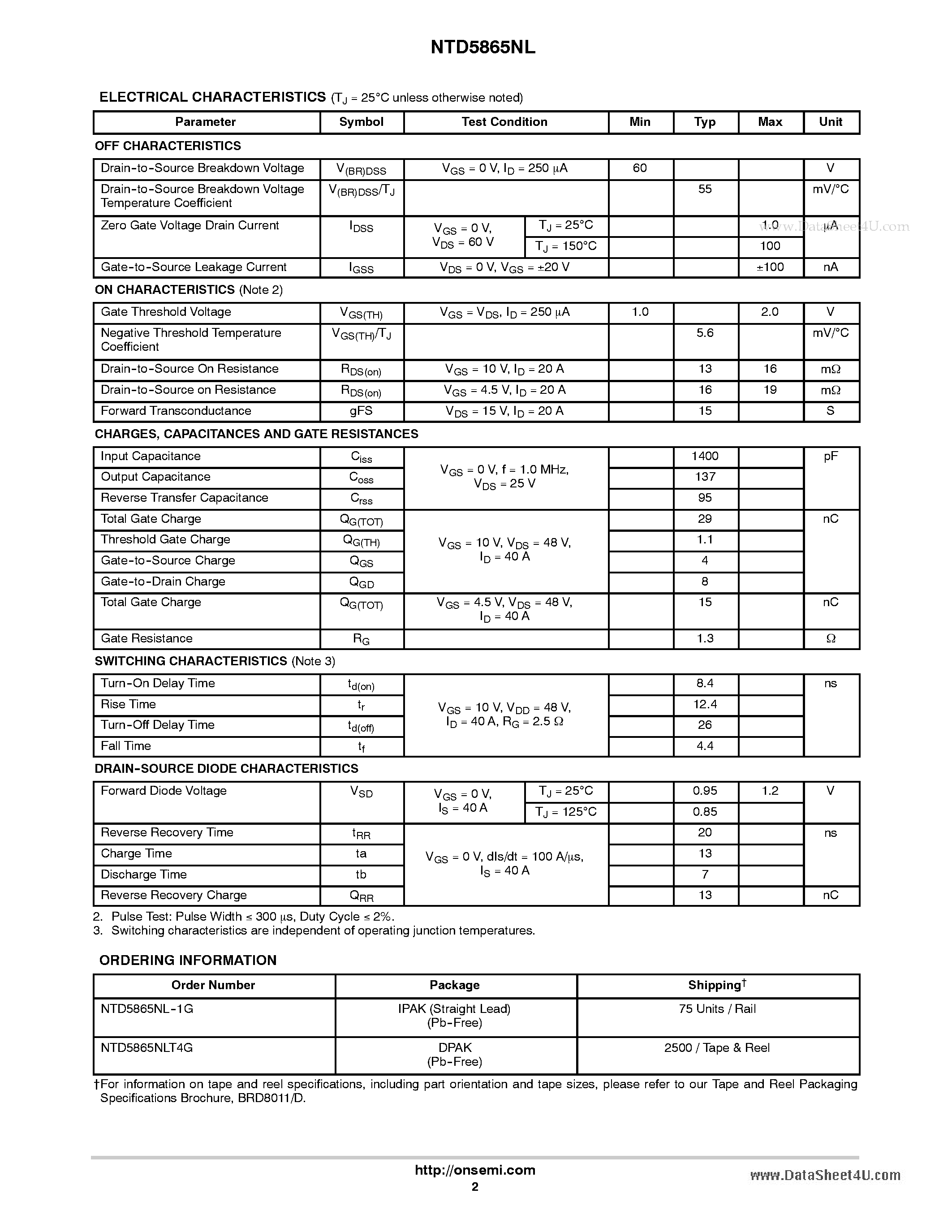 Даташит на микросхему NTD5865NL страница 2 Даташит NTD5865NL - N-Channel Power MOSFET 60 V / 40 A / 16 m ome страница 2