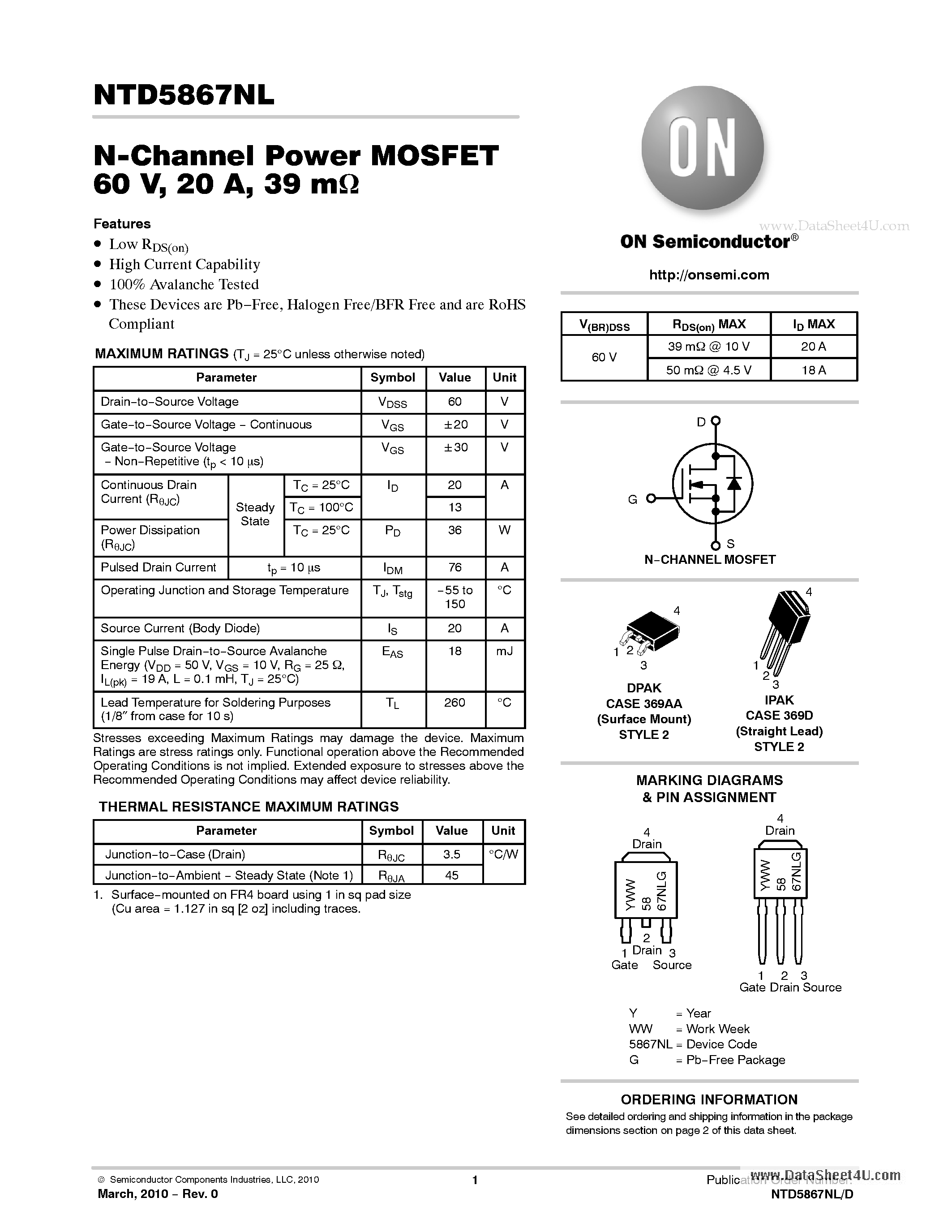 Даташит NTD5867NL - N-Channel Power MOSFET 60 V / 20 A / 39 m ome страница 1