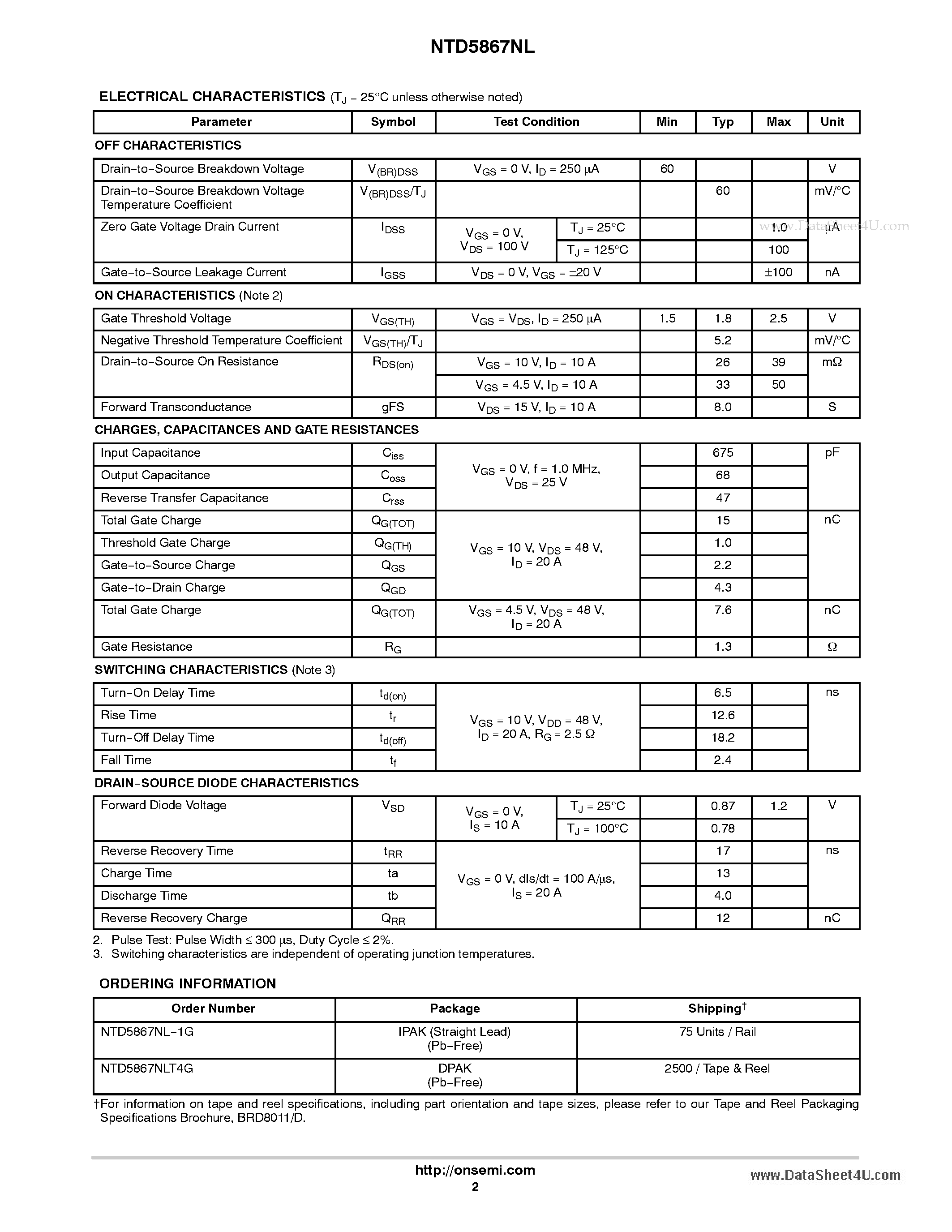 Datasheet NTD5867NL - N-Channel Power MOSFET 60 V / 20 A / 39 m ome page 2