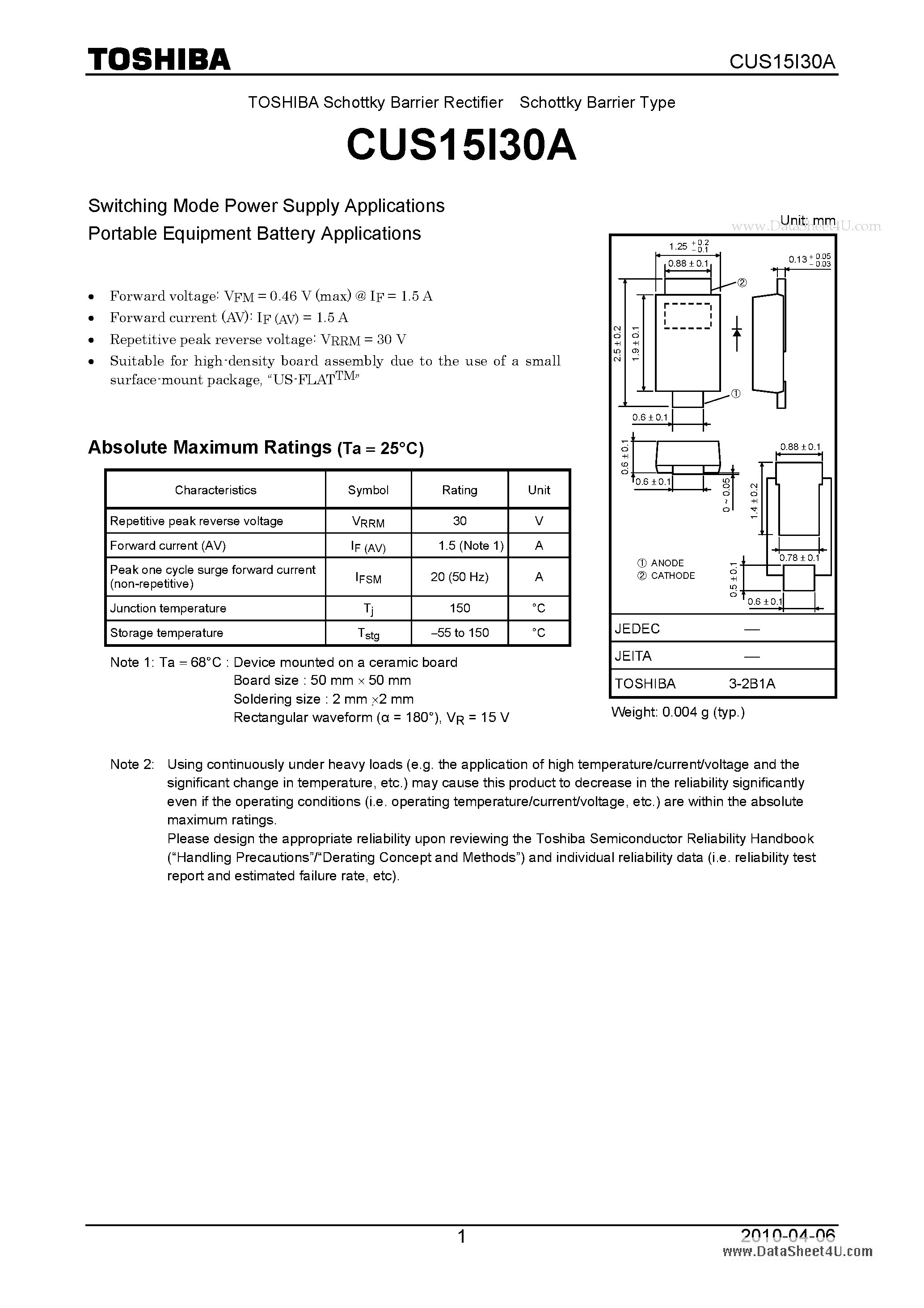 Datasheet CUS15I30A page 1 Datasheet CUS15I30A - Switching Mode Power Supply Applications Portable Equipment Battery Applications page 1